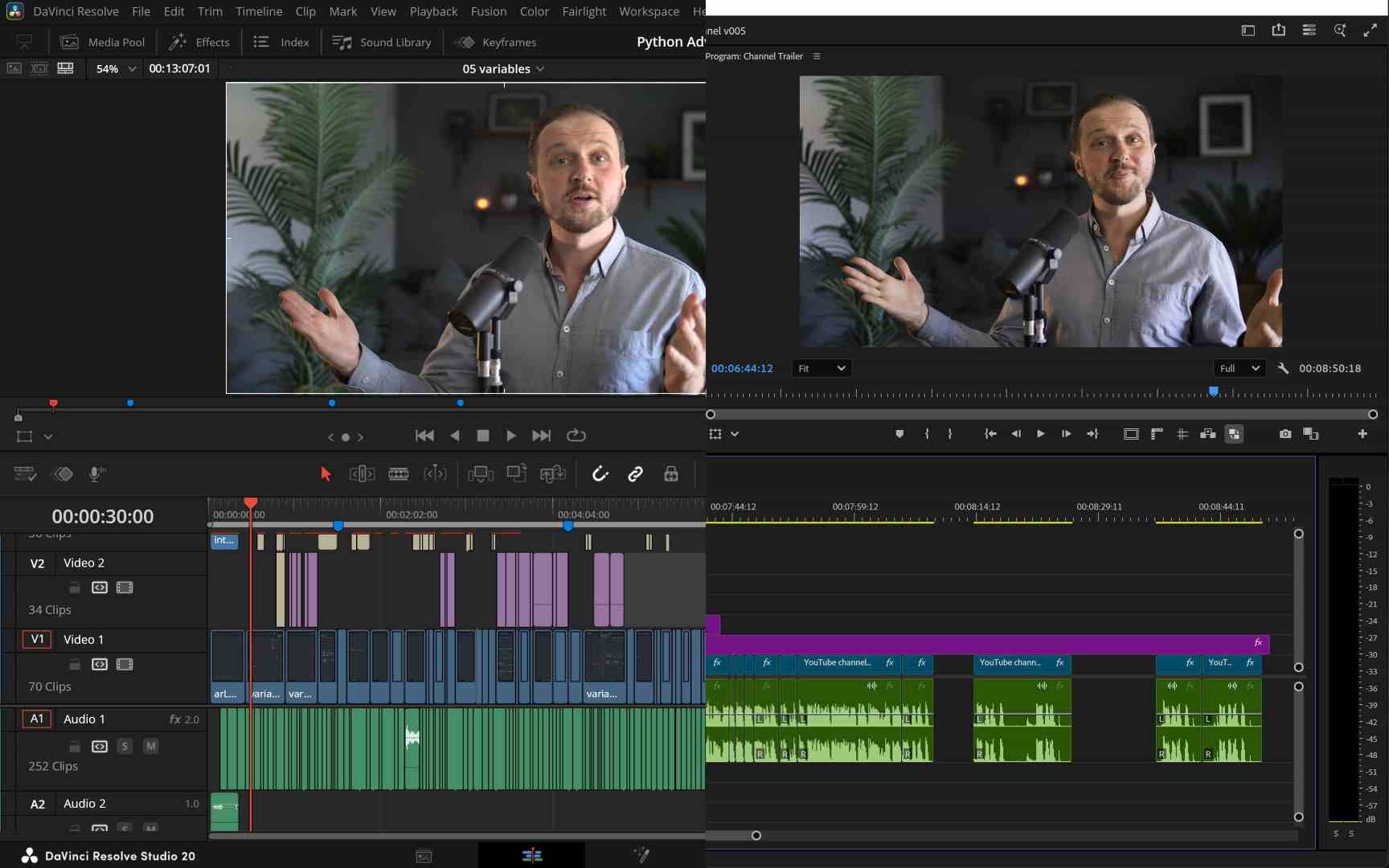 a video editing software interface displays a man speaking into a microphone on the right the left shows a timeline with layered video and audio tracks indicated by colorful bars and waveforms in a modern editing workspace digital production A video editing software interface displays a man speaking into a microphone on the right. The left shows a timeline with layered video and audio tracks, indicated by colorful bars and waveforms, in a modern editing workspace.
