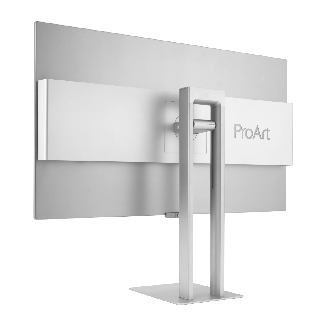 a sleek and modern computer monitor featuring a minimalist design with a silver stand the monitor has a logo labeled proart on its side showcasing its professional aesthetic suitable for creative work digital production A sleek and modern computer monitor featuring a minimalist design with a silver stand. The monitor has a logo labeled 'ProArt' on its side, showcasing its professional aesthetic suitable for creative work.