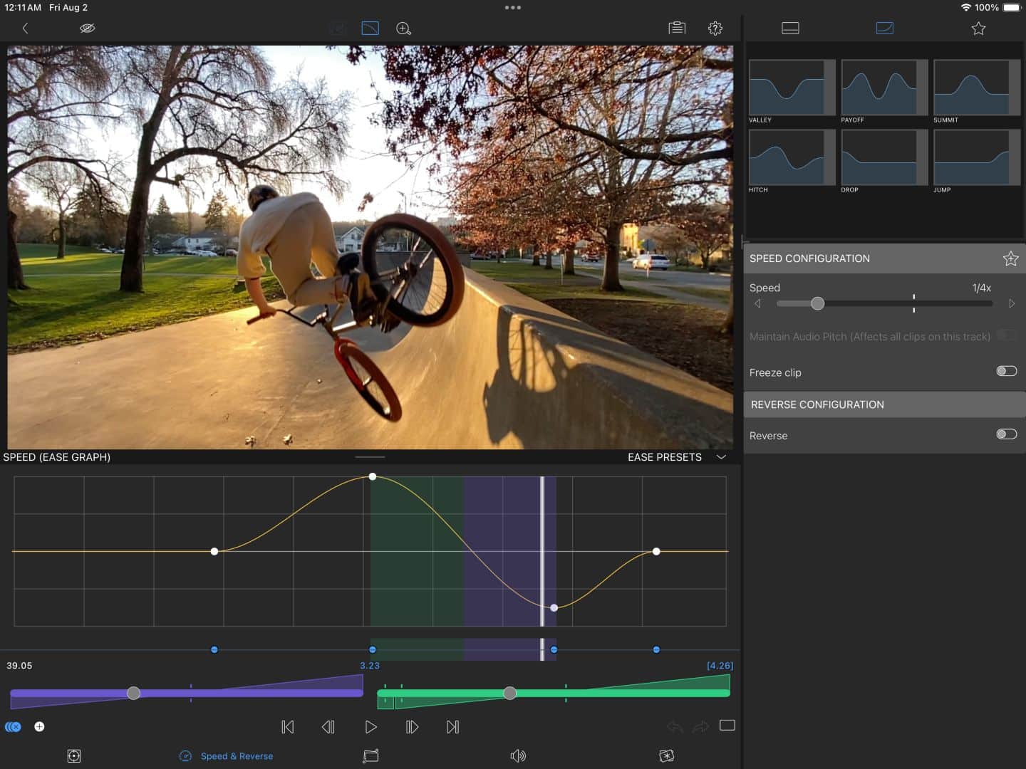 a digital editing interface showing a video frame of a person on a bmx bike executing a trick in a skatepark graphs and sliders for speed and ease configuration are visible on the screen digital production A digital editing interface showing a video frame of a person on a BMX bike executing a trick in a skatepark. Graphs and sliders for speed and ease configuration are visible on the screen.