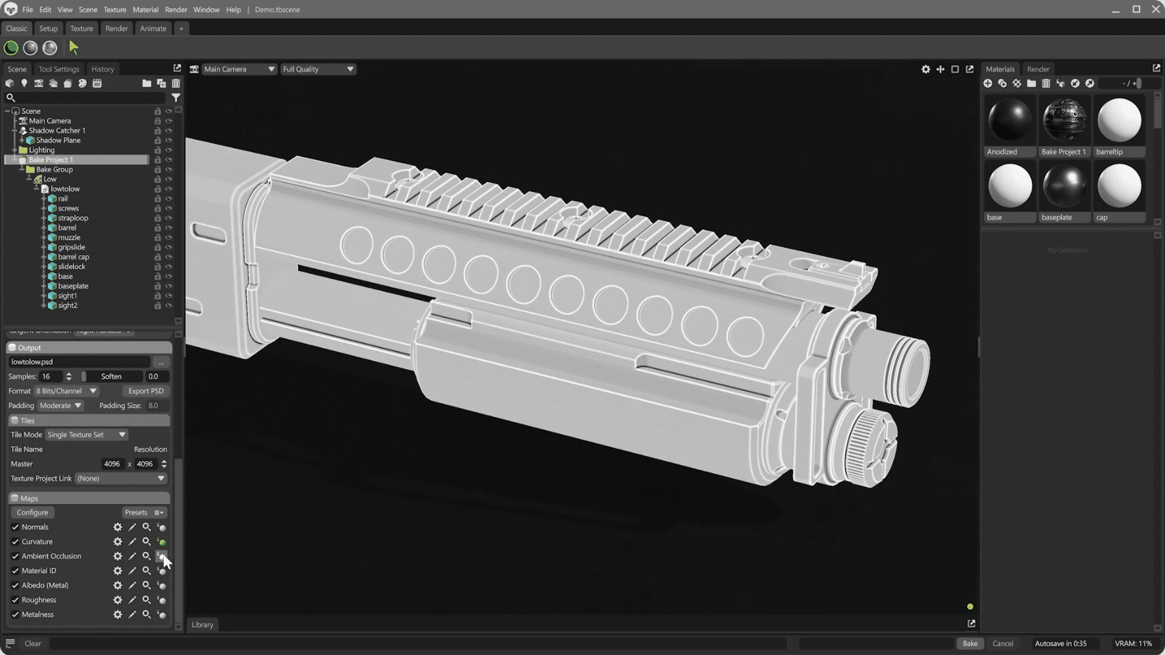 a 3d modeling software interface displaying a detailed wireframe of a firearm component on a dark background the section shows various tool options and a color palette on the right side digital production A 3D modeling software interface displaying a detailed wireframe of a firearm component on a dark background. The section shows various tool options and a color palette on the right side.