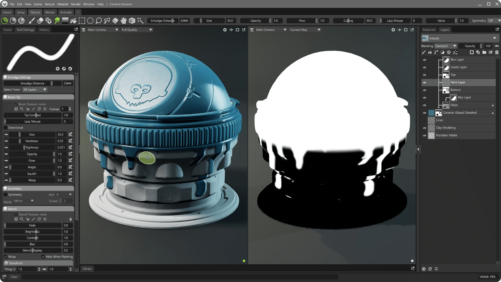 a 3d modeling software interface displaying a stylized blue object resembling an orb with detailed design to the right a black and white representation of the same object is shown various tool options are visible on the left side digital production A 3D modeling software interface displaying a stylized blue object resembling an orb with detailed design. To the right, a black and white representation of the same object is shown. Various tool options are visible on the left side.