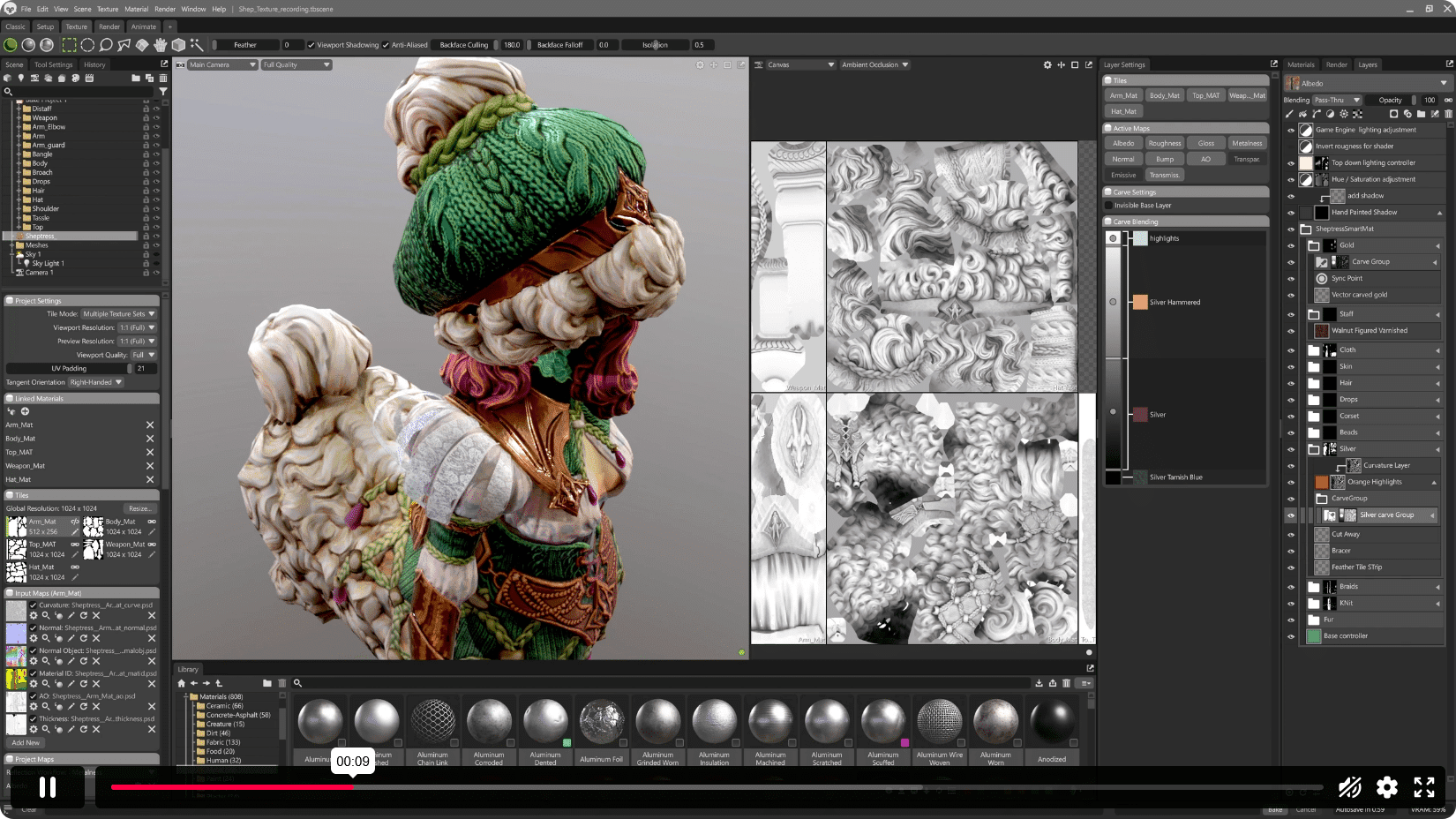 a detailed closeup view of a 3d sculpting application displaying a character model with ornate details and textures the user interface on the right shows texture maps and layers the bottom features material spheres digital production A detailed close-up view of a 3D sculpting application displaying a character model with ornate details and textures. The user interface on the right shows texture maps and layers. The bottom features material spheres.