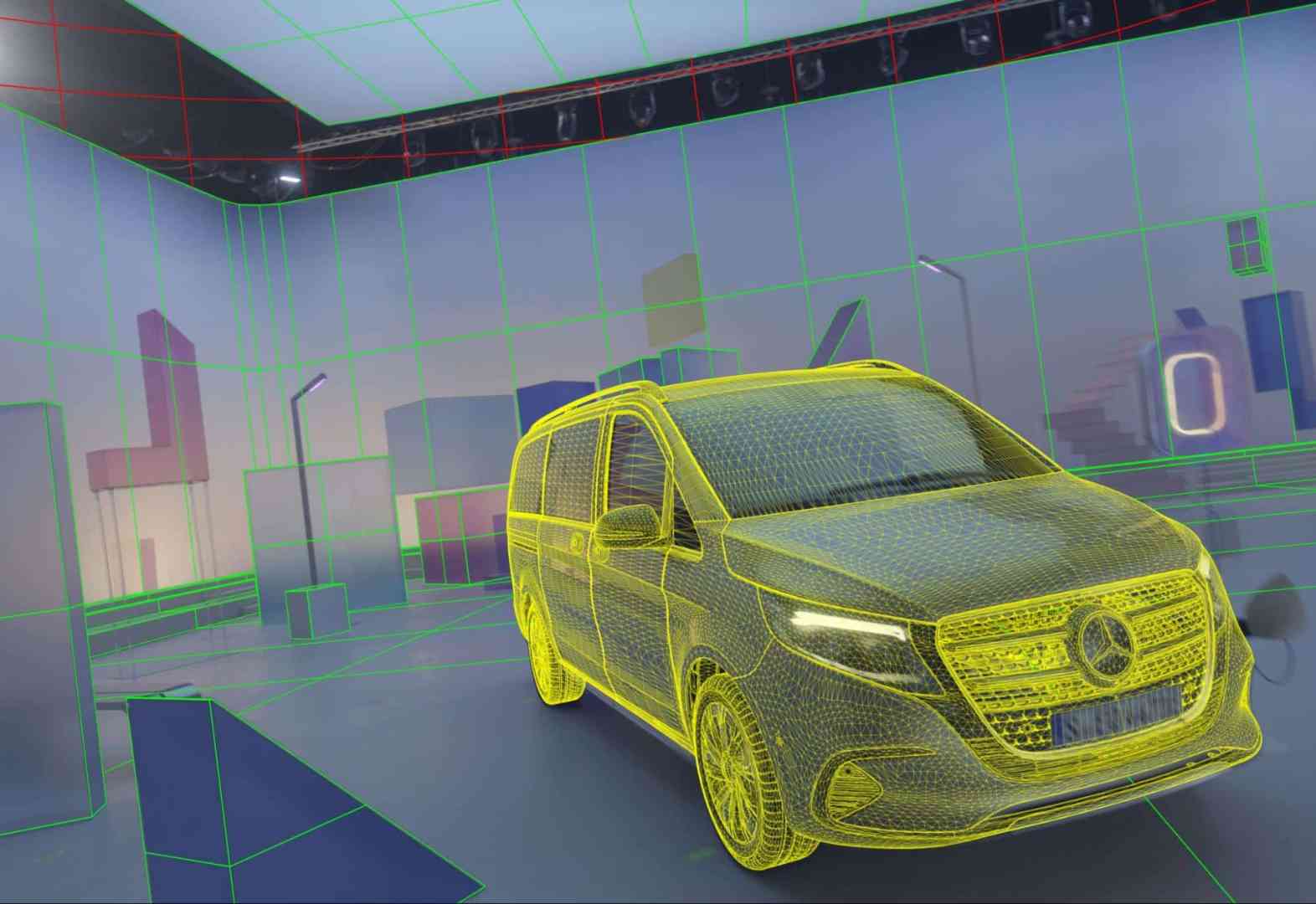 a 3d wireframe model of a mercedes vehicle displayed in a studio with geometric shapes and a grid layout in the background the room features colored lights and modern design elements digital production A 3D wireframe model of a Mercedes vehicle displayed in a studio with geometric shapes and a grid layout in the background. The room features colored lights and modern design elements.