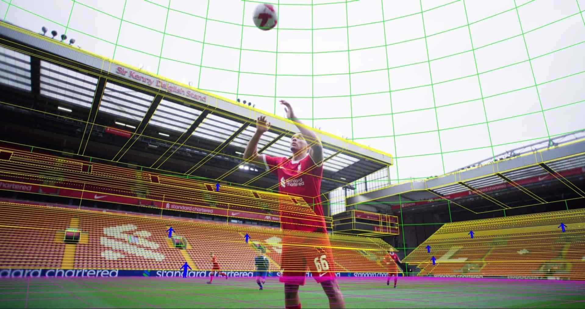 a soccer player wearing a red jersey with the number 66 prepares to pass a ball on a field with an empty stadium in the background graphical overlay lines are visible showing a grid pattern digital production A soccer player wearing a red jersey with the number 66 prepares to pass a ball on a field with an empty stadium in the background. Graphical overlay lines are visible, showing a grid pattern.