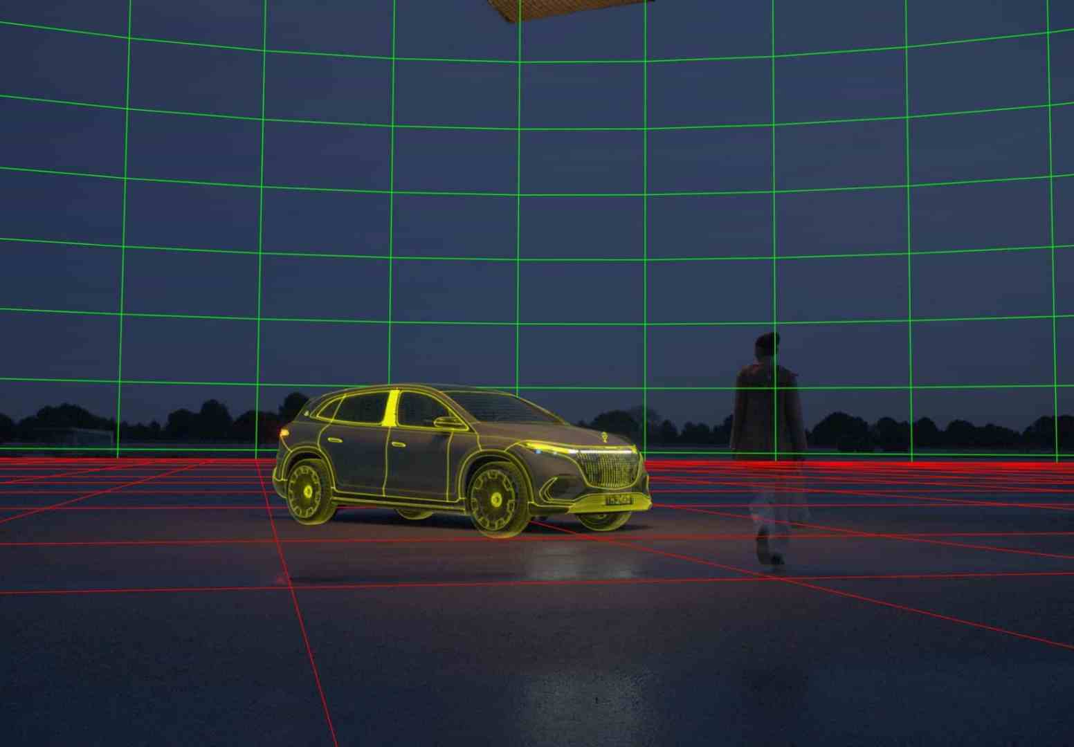 a car displayed in a digital environment with grid lines and a figure walking in the background illuminated by ambient light digital production A car displayed in a digital environment with grid lines and a figure walking in the background, illuminated by ambient light.