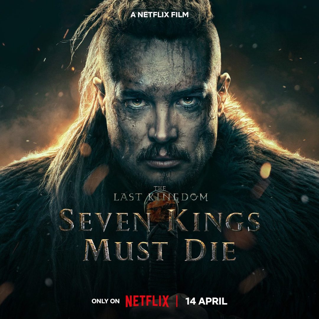 image13 digital production Movie poster for 'Seven Kings Must Die' featuring a rugged man with facial dirt and a serious expression, surrounded by a dark, smoky background, displaying the text 'A Netflix Film' at the top.