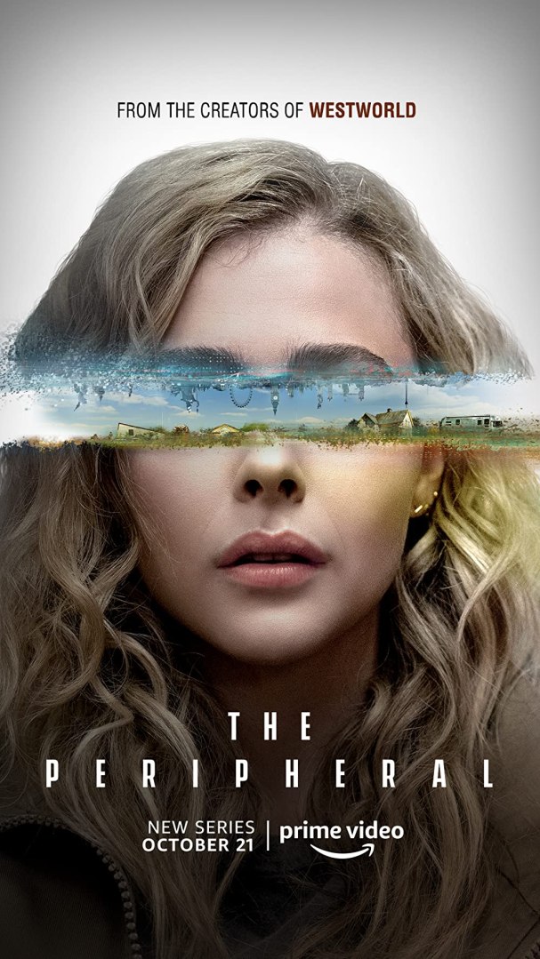 image14 digital production A promotional poster for the series 'The Peripheral,' featuring a close-up of a woman's face with a landscape graphic overlaid across her eyes. The text above reads 'FROM THE CREATORS OF WESTWORLD' and the series title 'THE PERIPHERAL' is displayed below, with a release date and the Prime Video logo.