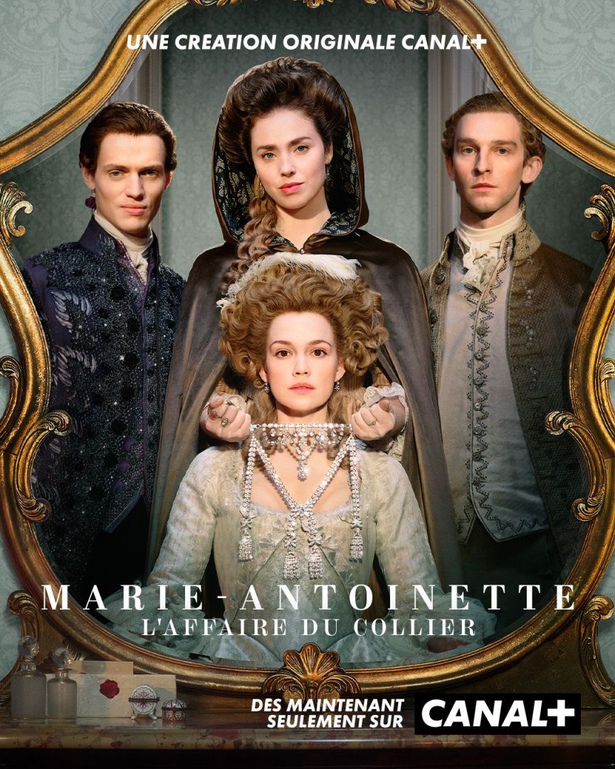 a promotional image for marieantoinette laffaire du collier featuring four characters in elaborate historical costumes posed in front of a large mirror frame digital production A promotional image for 'Marie-Antoinette: L'Affaire du Collier,' featuring four characters in elaborate historical costumes, posed in front of a large mirror frame.