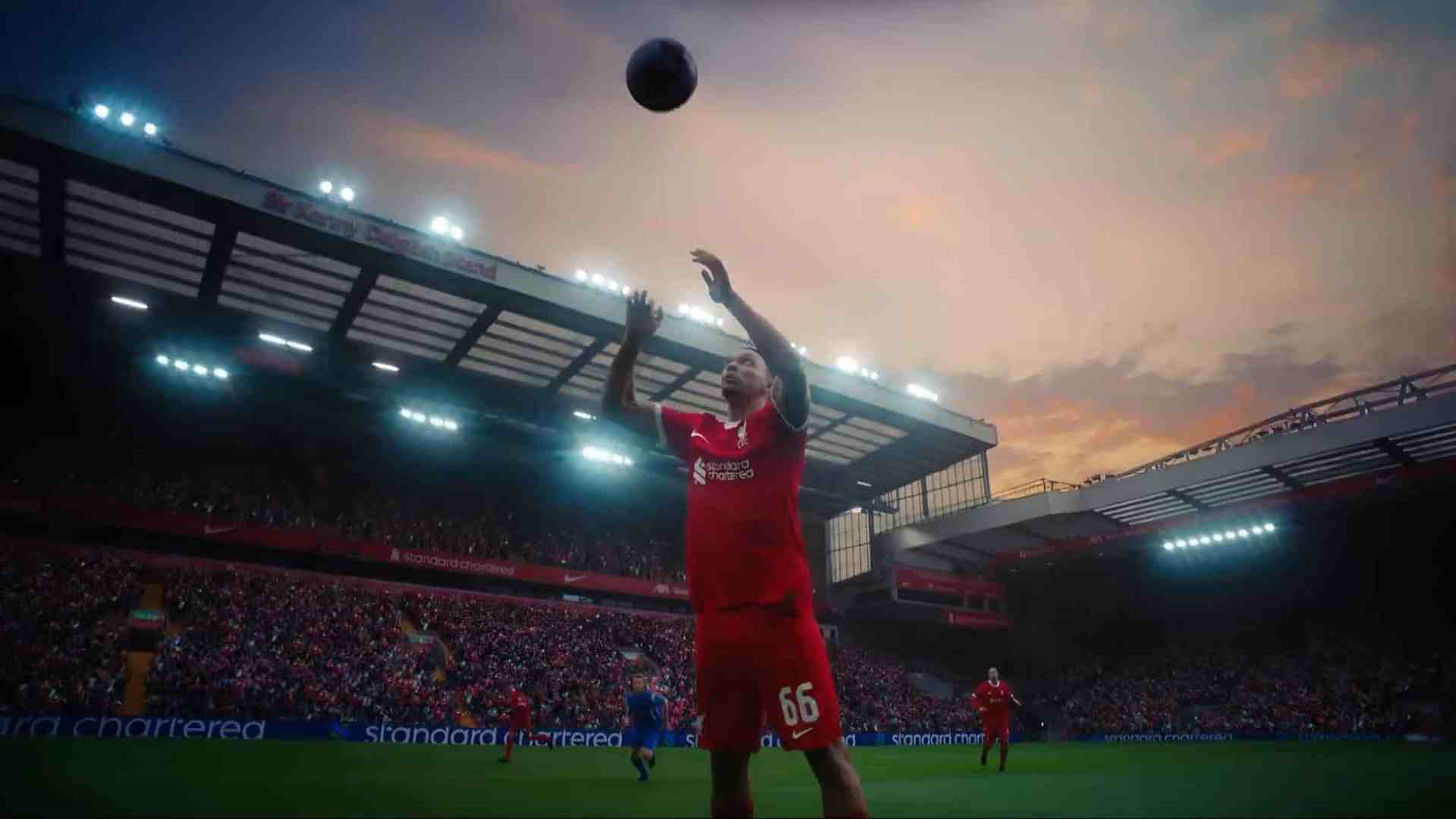 a soccer player in a red jersey with the number 66 throws the ball during a match the background shows a filled stadium under a twilight sky digital production A soccer player in a red jersey with the number 66 throws the ball during a match. The background shows a filled stadium under a twilight sky.