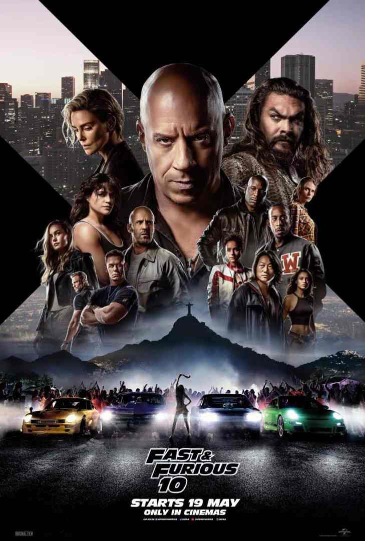 promotional poster for fast furious 10 featuring a group of characters in the foreground with city skyline in the background the date 19 may is displayed at the bottom along with images of cars at the bottom digital production Promotional poster for 'Fast & Furious 10', featuring a group of characters in the foreground with city skyline in the background. The date '19 May' is displayed at the bottom, along with images of cars at the bottom.