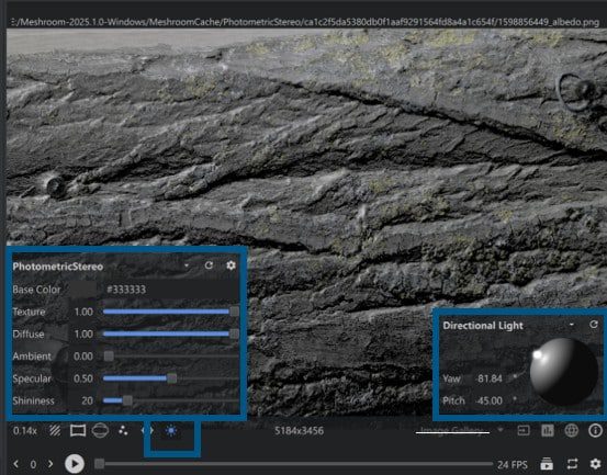 a digital editing interface displaying a textured surface on the left controls for photometric stereo settings including base color texture diffuse ambient specular and shininess on the right directional light settings with yaw and pitch adjustments digital production A digital editing interface displaying a textured surface. On the left, controls for photometric stereo settings including base color, texture, diffuse, ambient, specular, and shininess. On the right, directional light settings with yaw and pitch adjustments.