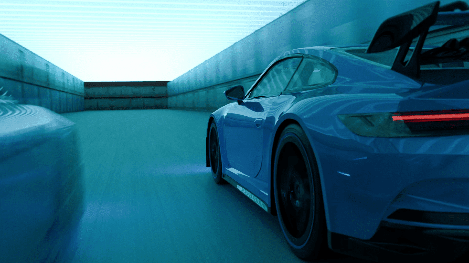 a sleek blue sports car accelerating on a futuristic racetrack with dynamic lighting creating a motion blur effect highlighting its speed and design against a light blue background digital production A sleek blue sports car accelerating on a futuristic racetrack, with dynamic lighting creating a motion blur effect, highlighting its speed and design against a light blue background.
