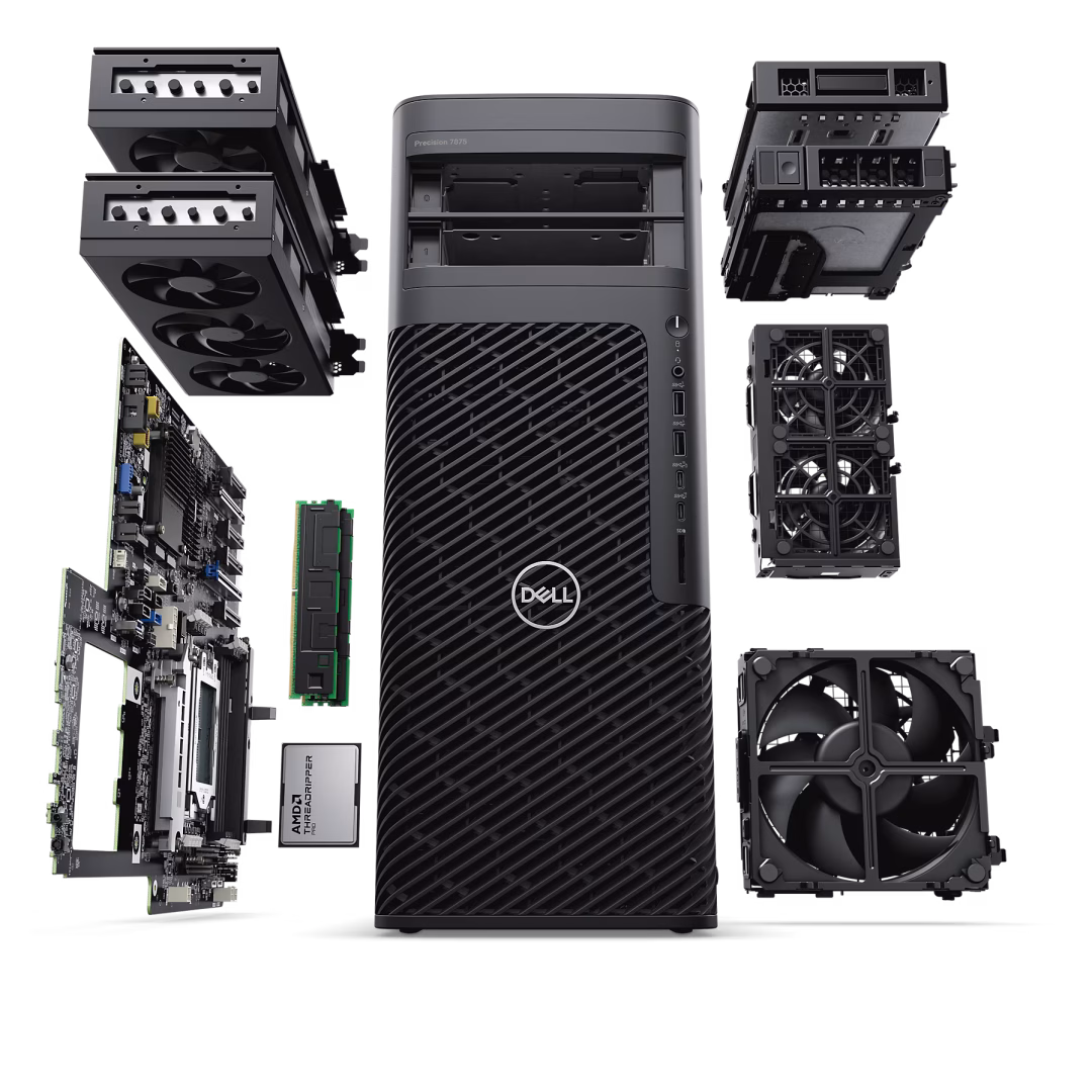 a dell desktop computer tower surrounded by various computer components including hard drives fans motherboard and ram the computer tower is shown from the front displaying its ports and design digital production A Dell desktop computer tower surrounded by various computer components including hard drives, fans, motherboard, and RAM. The computer tower is shown from the front, displaying its ports and design.
