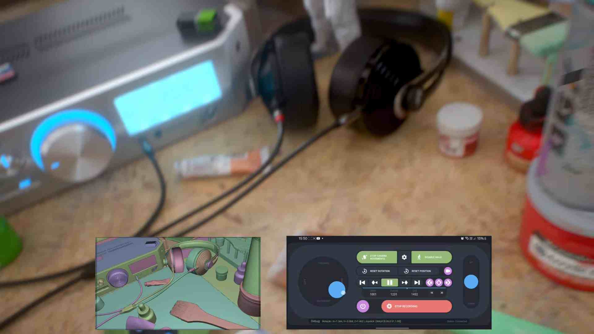 a workspace featuring headphones a digital audio mixer and various containers inset graphics display colorful music control elements the wooden surface has multiple objects and tools arranged on it digital production A workspace featuring headphones, a digital audio mixer, and various containers. Inset graphics display colorful music control elements. The wooden surface has multiple objects and tools arranged on it.