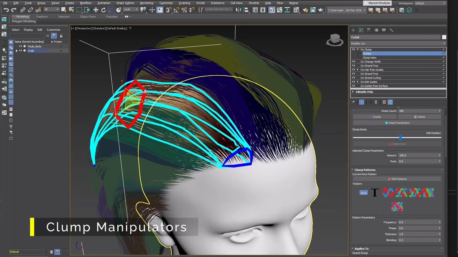 a 3d software interface showcasing hair modeling tools clump manipulators are highlighted in blue and red demonstrating control over hair strands on a digital head model the workspace includes various tool panels and settings digital production A 3D software interface showcasing hair modeling tools. Clump manipulators are highlighted in blue and red, demonstrating control over hair strands on a digital head model. The workspace includes various tool panels and settings.