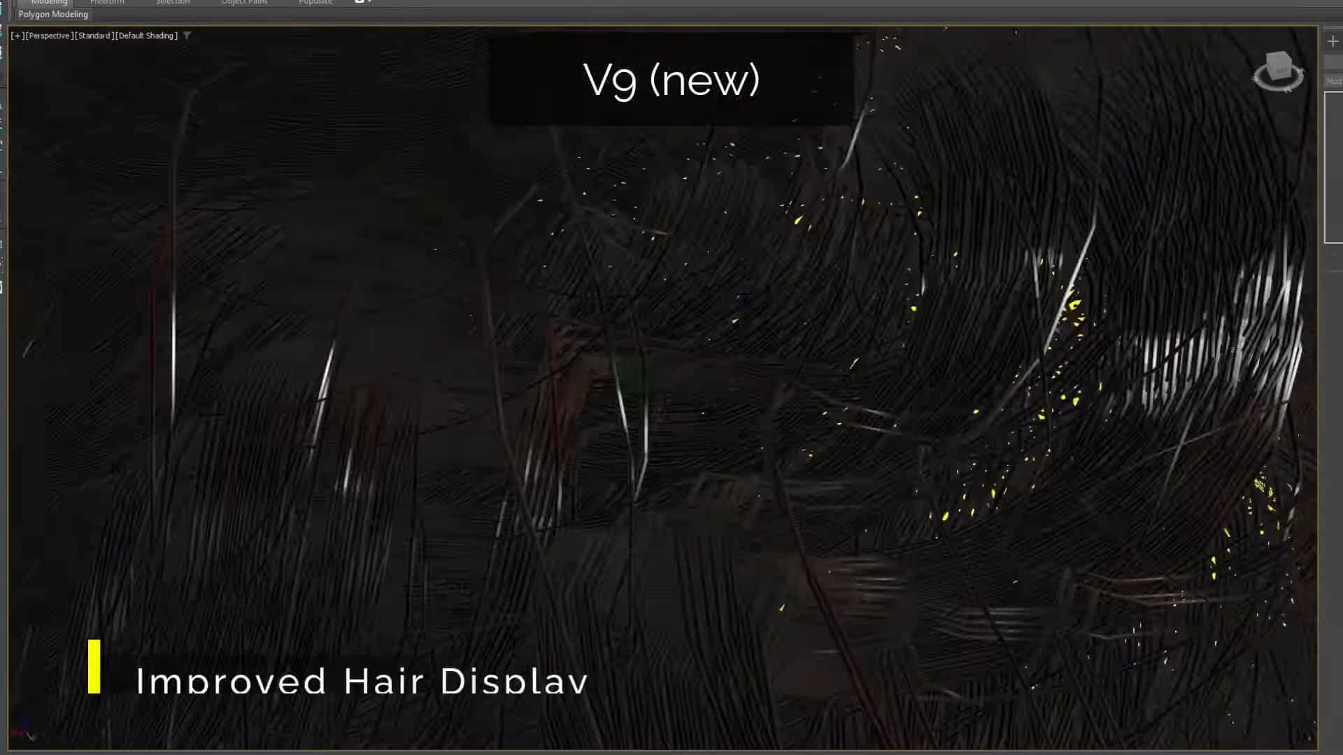 a digital rendering showcasing improved hair display technology with numerous hair strands appearing in various shades and textures against a dark background the top displays v9 new and the bottom highlights improved hair displav digital production A digital rendering showcasing improved hair display technology with numerous hair strands appearing in various shades and textures, against a dark background. The top displays 'V9 (new)' and the bottom highlights 'Improved Hair Displav'.