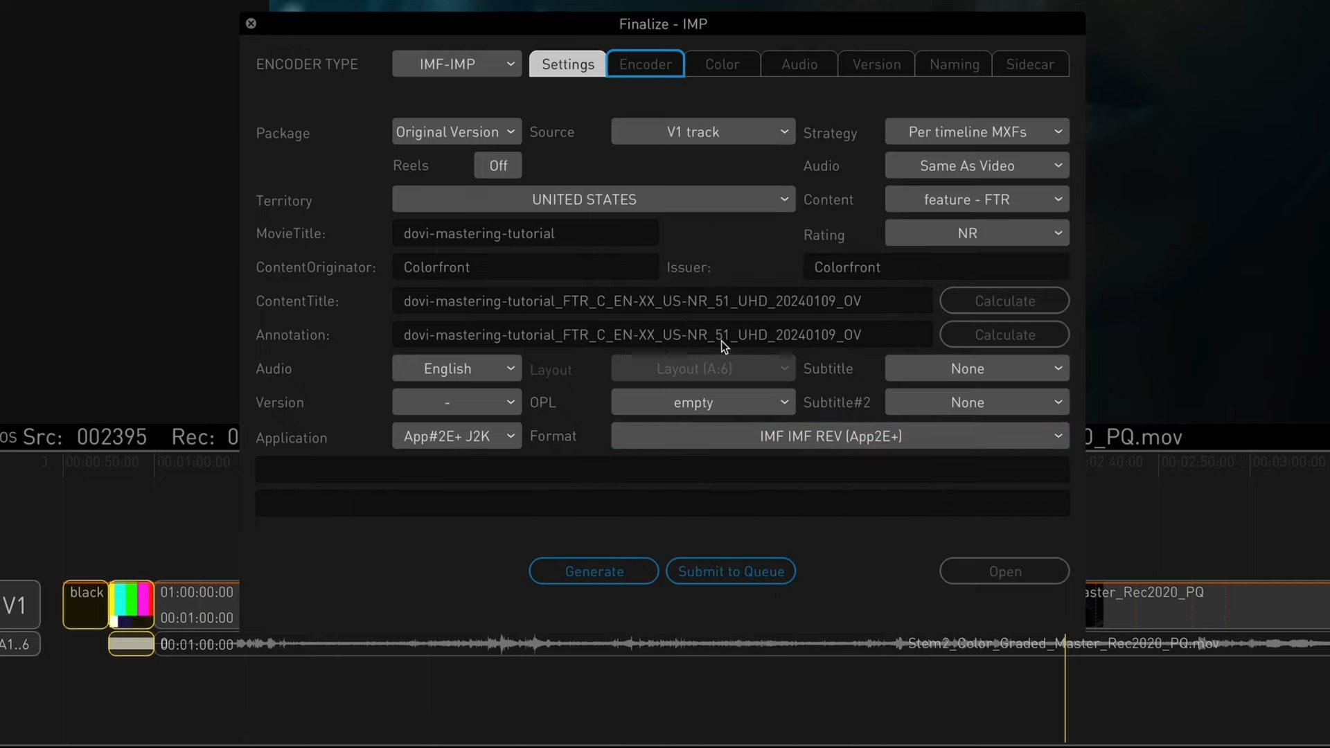 a digital screen displaying encoding settings in an editing software the interface includes options for package type language and file details with text fields and buttons for user input a timeline and waveform graphic are visible at the bottom digital production A digital screen displaying encoding settings in an editing software. The interface includes options for package type, language, and file details, with text fields and buttons for user input. A timeline and waveform graphic are visible at the bottom.