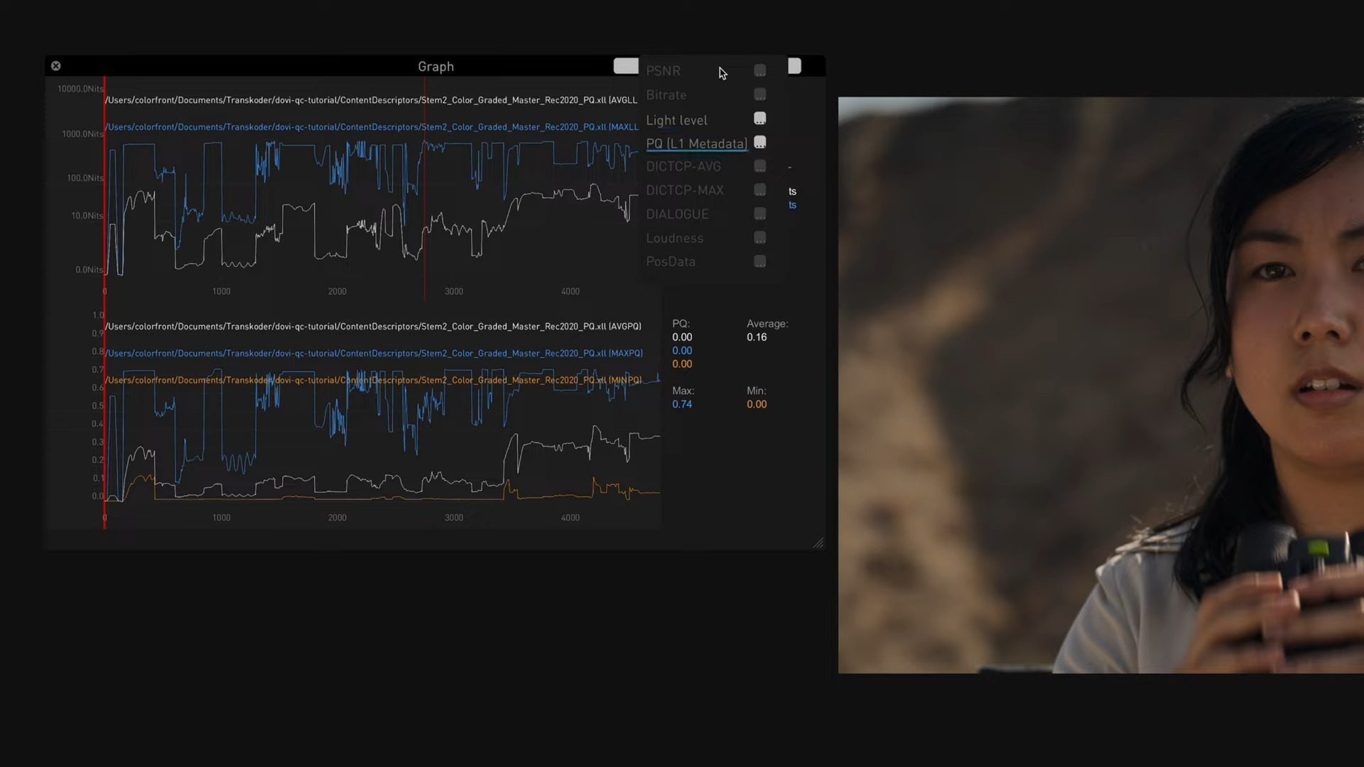 a closeup of a woman holding a camera looking intently at data displayed in a software graph on the left the graph features various colored lines representing data trends against a dark background highlighting peaks and valleys in performance metrics digital production A close-up of a woman holding a camera, looking intently at data displayed in a software graph on the left. The graph features various colored lines representing data trends against a dark background, highlighting peaks and valleys in performance metrics.