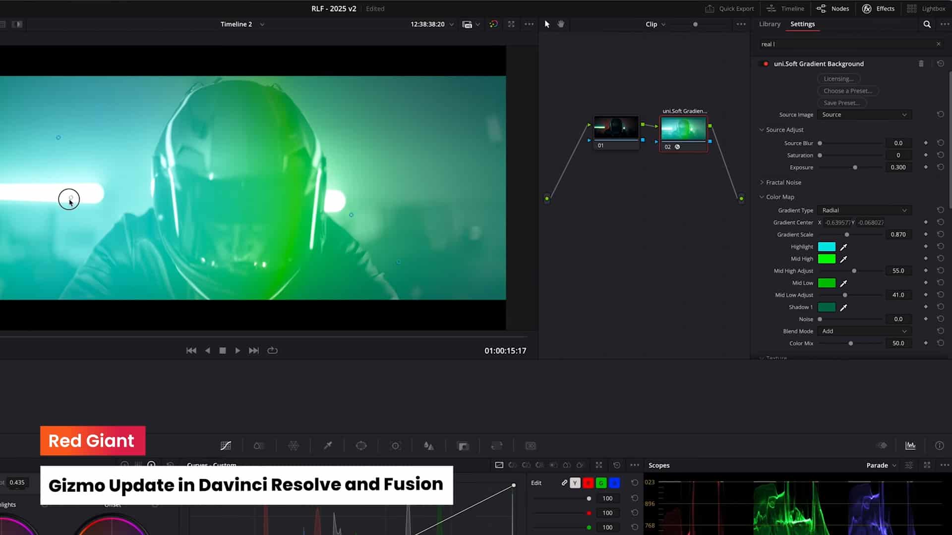a digital editing interface showcasing an update for davinci resolve and fusion a figure in a helmet is highlighted in green hues with adjustment options visible on the right side of the screen text at the bottom reads red giant gizmo update in davinci resolve and fusion digital production A digital editing interface showcasing an update for Davinci Resolve and Fusion. A figure in a helmet is highlighted in green hues, with adjustment options visible on the right side of the screen. Text at the bottom reads 'Red Giant Gizmo Update in Davinci Resolve and Fusion.'