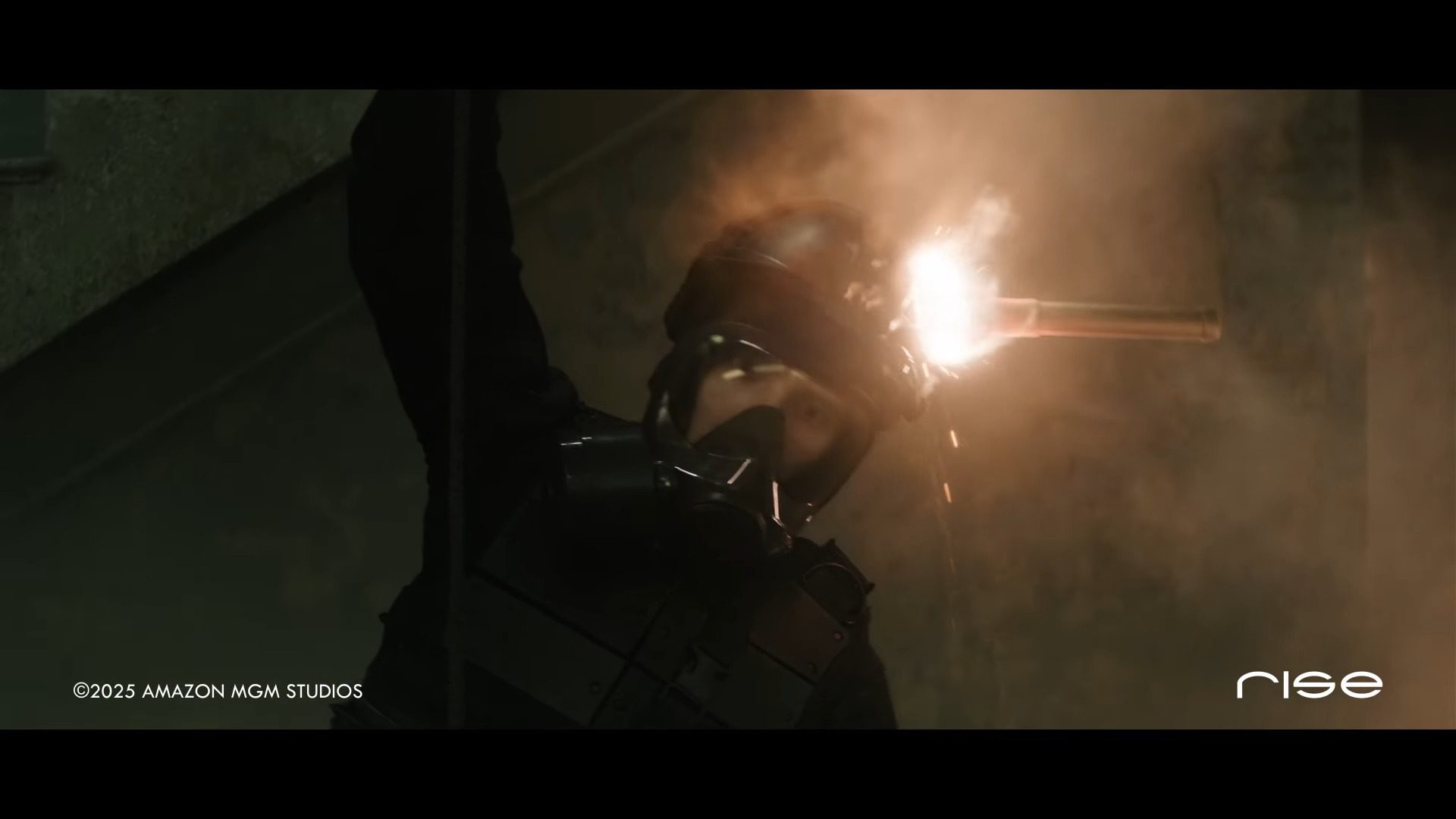 a figure in tactical gear with a helmet is firing a weapon resulting in a burst of flame and sparks the background is dimly lit creating a tense atmosphere while smoke adds to the dramatic scene digital production A figure in tactical gear with a helmet is firing a weapon, resulting in a burst of flame and sparks. The background is dimly lit, creating a tense atmosphere, while smoke adds to the dramatic scene.