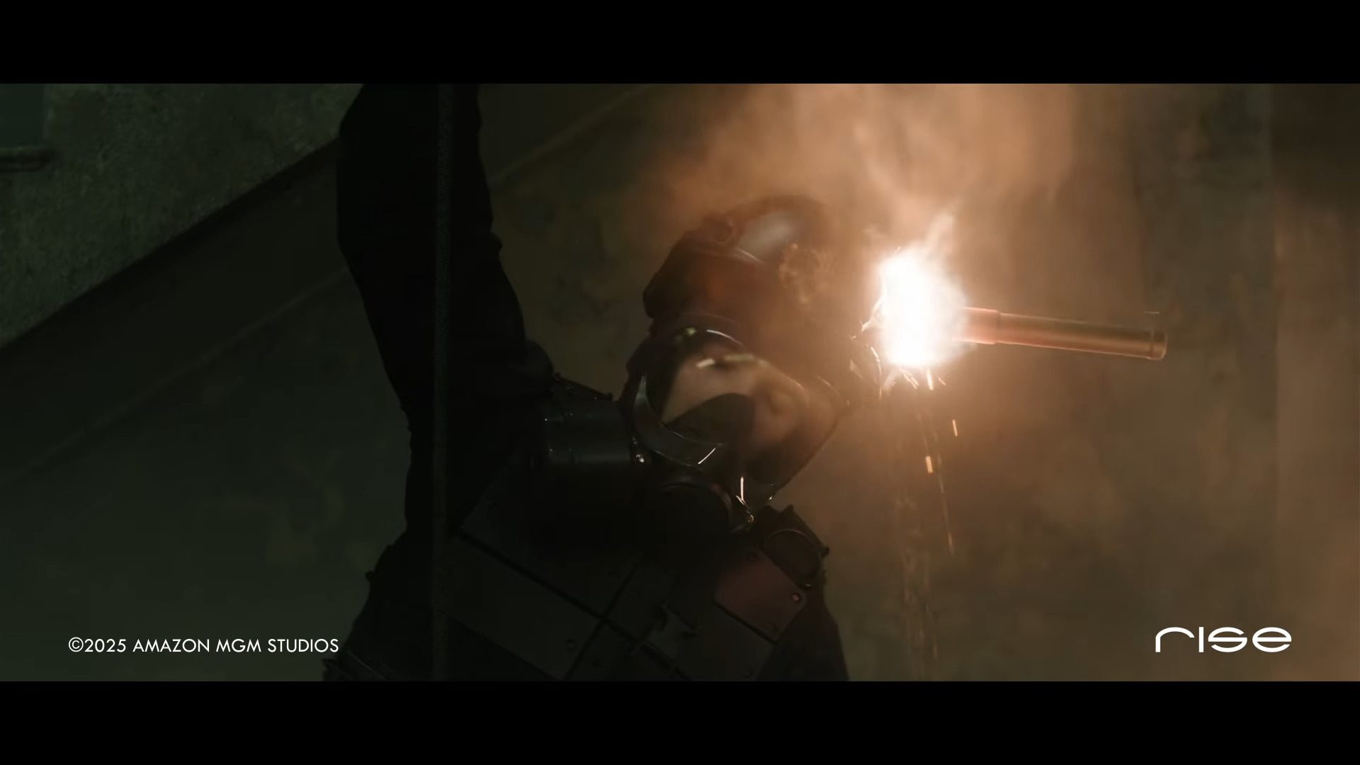 a person in tactical gear aims a firearm with sparks and light emanating from the barrel the dimly lit environment suggests an intense moment highlighting the action and tension of the scene digital production A person in tactical gear aims a firearm, with sparks and light emanating from the barrel. The dimly lit environment suggests an intense moment, highlighting the action and tension of the scene.