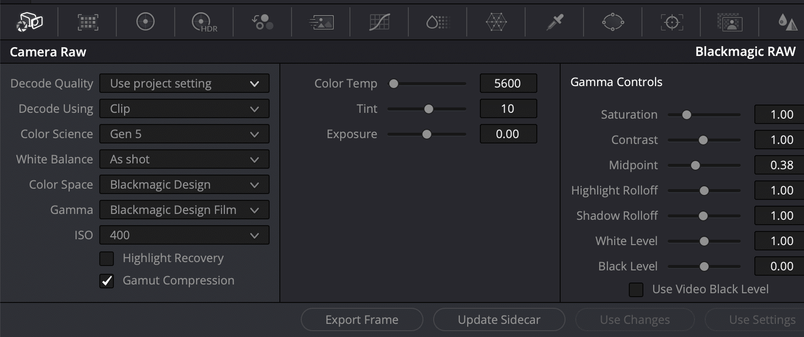 a screenshot of video editing software displaying camera raw settings the interface includes parameters like decode quality white balance iso and gamma controls all outlined with sliders and numerical values for adjustments digital production A screenshot of video editing software displaying camera raw settings. The interface includes parameters like Decode Quality, White Balance, ISO, and Gamma Controls, all outlined with sliders and numerical values for adjustments.