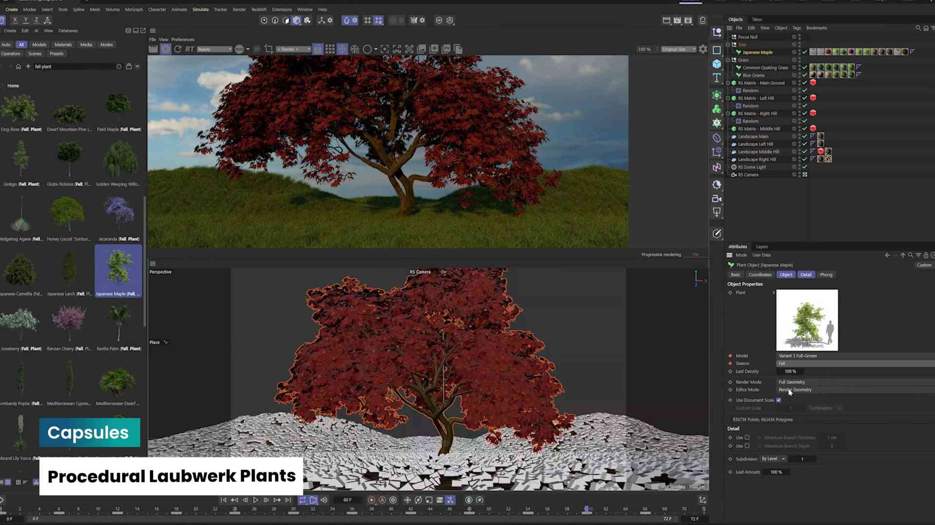 a digital workspace featuring a 3d modeling software interface the upper half displays a vibrant red tree in a grassy landscape while the lower half shows a detailed version of the tree against a textured ground on the left various plant models are visible digital production A digital workspace featuring a 3D modeling software interface. The upper half displays a vibrant red tree in a grassy landscape, while the lower half shows a detailed version of the tree against a textured ground. On the left, various plant models are visible.