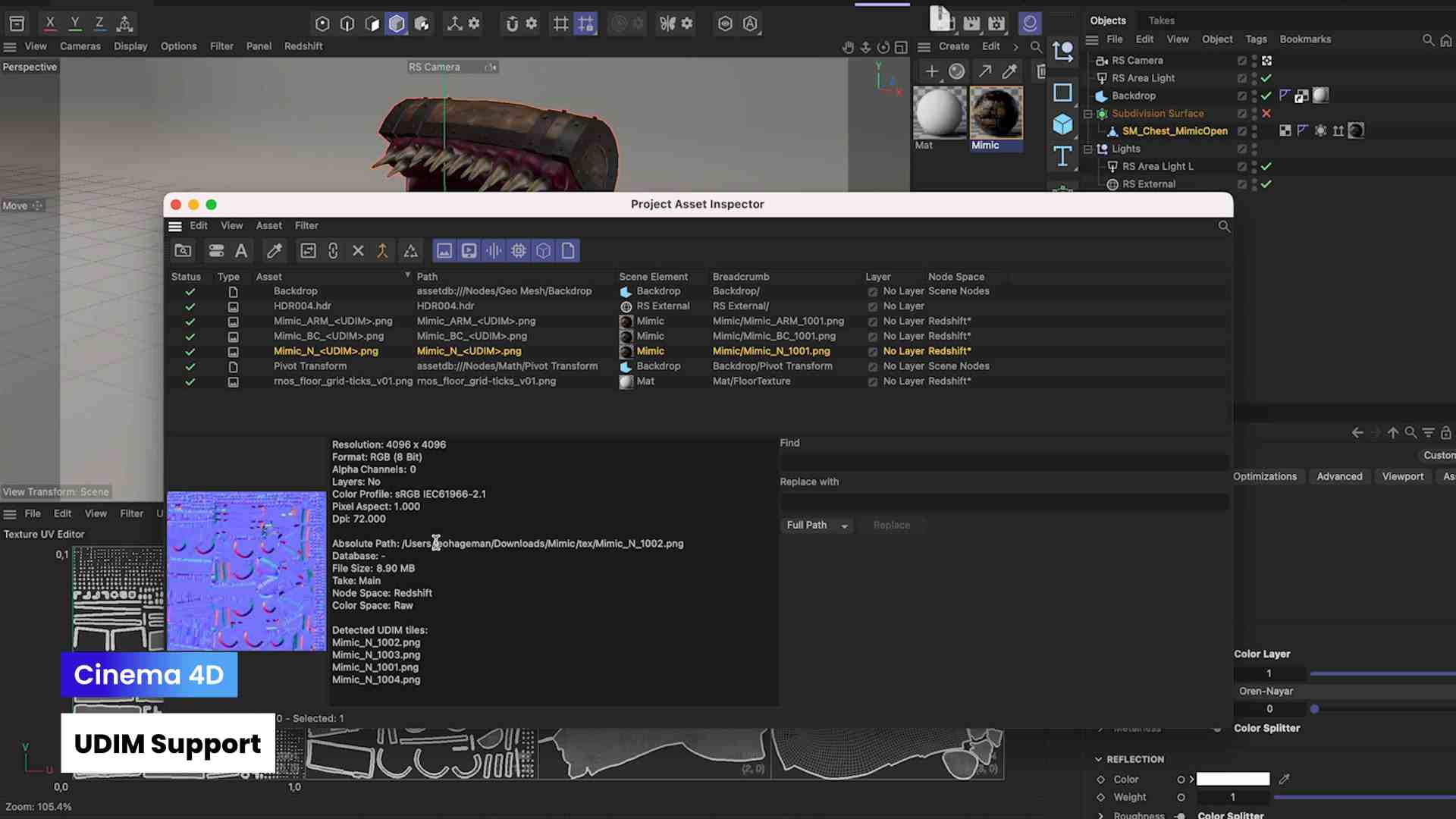 a computer screen displaying the project asset inspector in cinema 4d the inspector shows various project files and settings with a blue texture preview along with the udim support and cinema 4d labels highlighted in the lower left corner digital production A computer screen displaying the Project Asset Inspector in Cinema 4D. The inspector shows various project files and settings with a blue texture preview, along with the 'UDIM Support' and 'Cinema 4D' labels highlighted in the lower left corner.