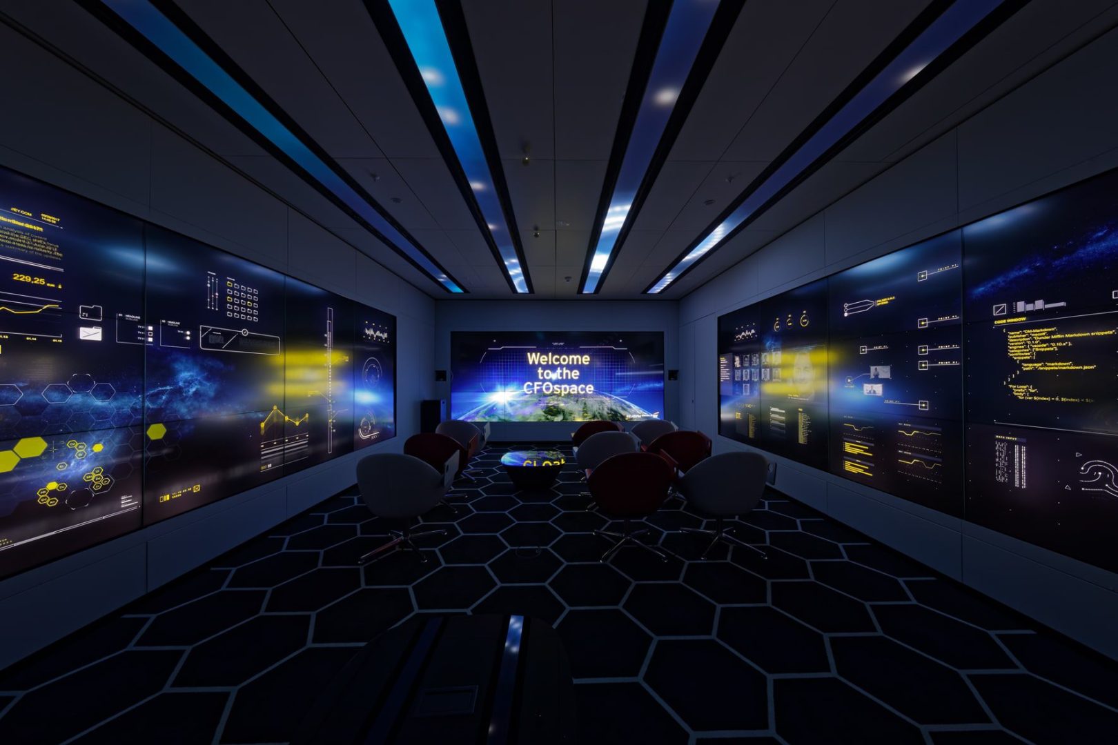 a futuristic meeting room featuring large digital screens displaying data visualizations and graphs the walls are illuminated in blue hues and modern white chairs are placed on a geometric patterned floor creating a sleek atmosphere digital production A futuristic meeting room featuring large digital screens displaying data visualizations and graphs. The walls are illuminated in blue hues, and modern white chairs are placed on a geometric patterned floor, creating a sleek atmosphere.