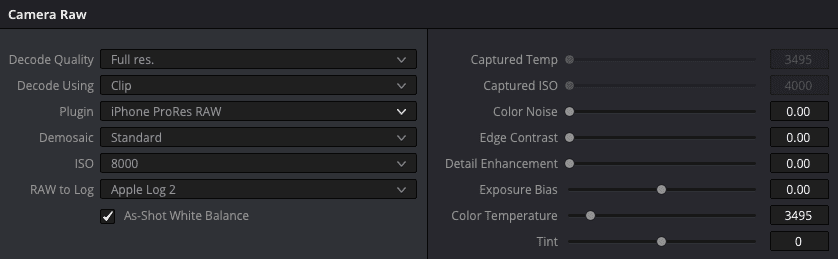 a screenshot of camera raw settings showing various adjustments options include decode quality decode using plugin demosaic iso raw to log and asshot white balance settings display values for color temperature iso and exposure bias digital production A screenshot of camera raw settings showing various adjustments. Options include Decode Quality, Decode Using, Plugin, Demosaic, ISO, RAW to Log, and As-Shot White Balance. Settings display values for Color Temperature, ISO, and Exposure Bias.