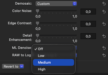 a screenshot of a software interface showing various editing options for image processing including sliders for demosaic color noise edge contrast and detail enhancement with a dropdown menu for ml denoise set to medium digital production A screenshot of a software interface showing various editing options for image processing, including sliders for Demosaic, Color Noise, Edge Contrast, and Detail Enhancement, with a dropdown menu for ML Denoise set to 'Medium'.