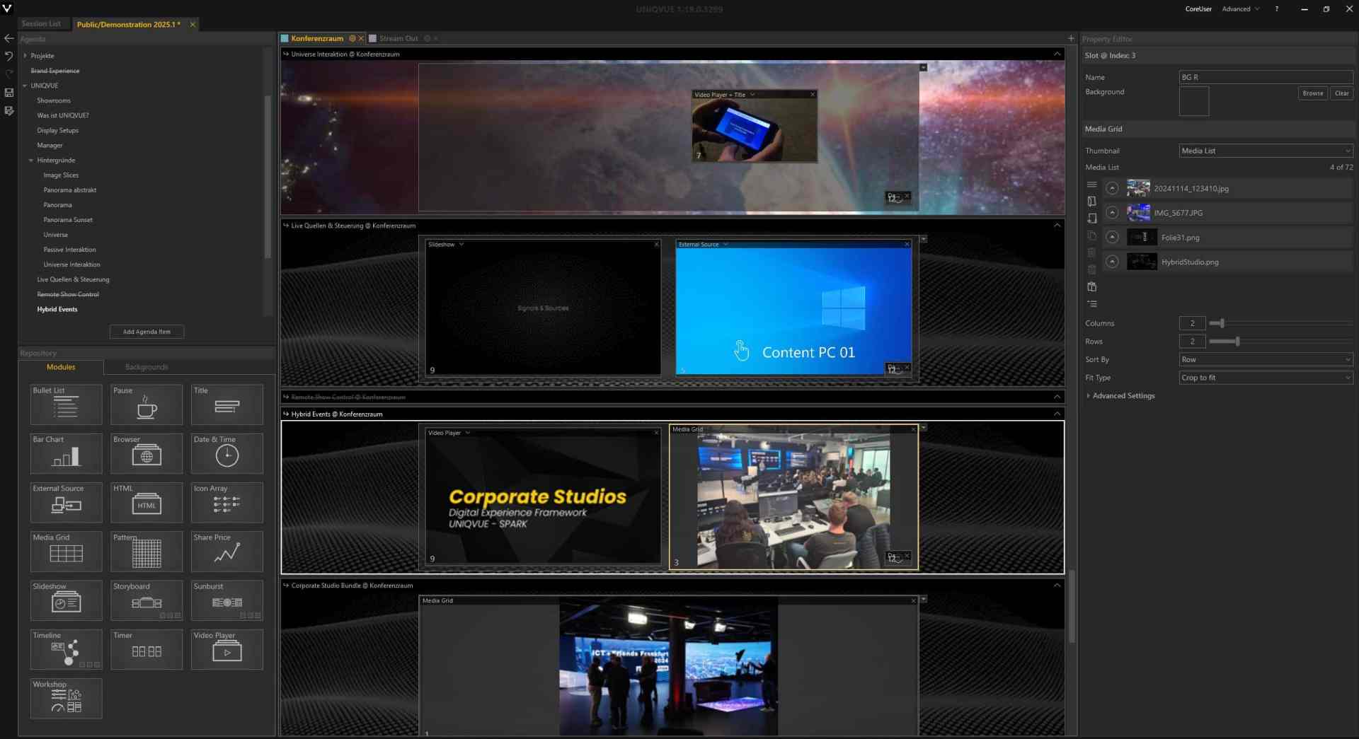 a digital interface displaying various media elements including a blue windows screen and text labeled corporate studios the layout features multiple video panels and tools on the left side set against a dark patterned background digital production A digital interface displaying various media elements, including a blue Windows screen and text labeled 'Corporate Studios.' The layout features multiple video panels and tools on the left side, set against a dark, patterned background.