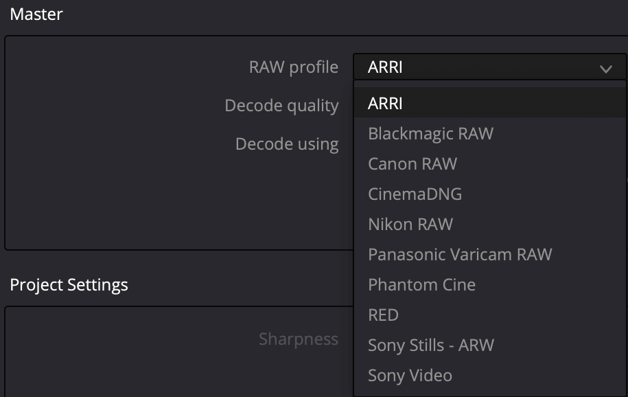 a screenshot of a software interface showing the master and project settings sections in the master section a dropdown menu for raw profile selection displays options like arri blackmagic raw and others digital production A screenshot of a software interface showing the "Master" and "Project Settings" sections. In the "Master" section, a dropdown menu for RAW profile selection displays options like ARRI, Blackmagic RAW, and others.