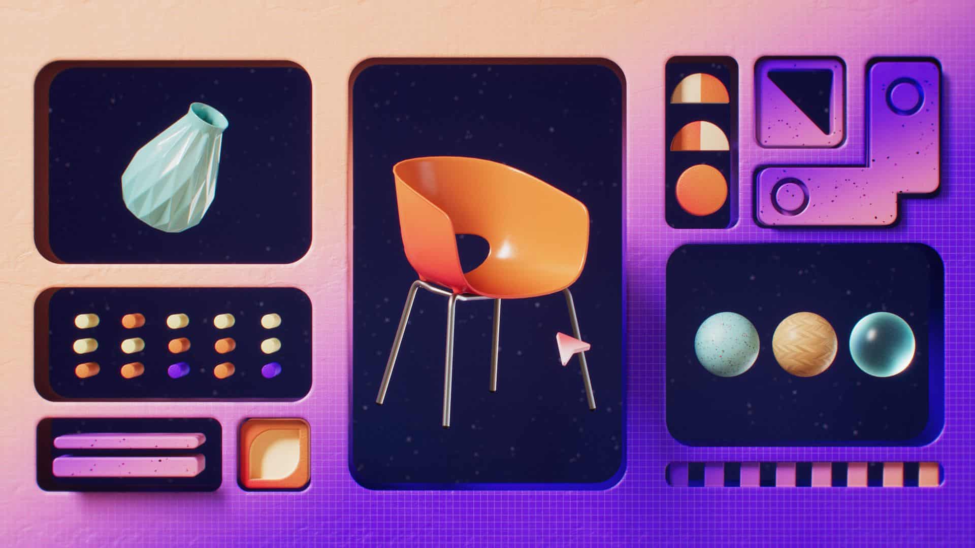 a digitally created collage featuring colorful geometric shapes and objects on a gradient background the central focus is an orange chair with metallic legs surrounded by a stylized green vase colorful dots and abstract shapes in various colors digital production A digitally created collage featuring colorful geometric shapes and objects on a gradient background. The central focus is an orange chair with metallic legs, surrounded by a stylized green vase, colorful dots, and abstract shapes in various colors.