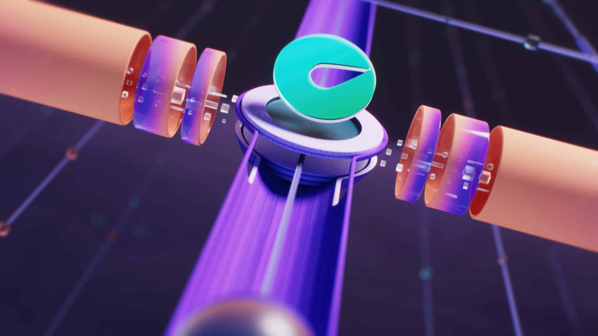 a stylized digital representation featuring a central round element with a teal logo surrounding are three cylindrical components in gradient colors connected by thin lines against a purple and dark background suggesting a technological theme digital production A stylized digital representation featuring a central round element with a teal logo. Surrounding are three cylindrical components in gradient colors, connected by thin lines against a purple and dark background, suggesting a technological theme.