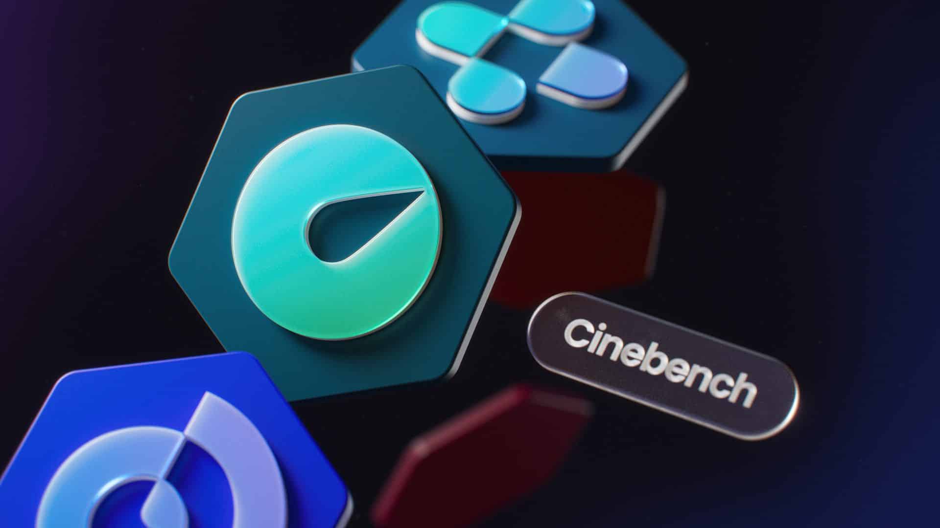 a closeup of three colorful software logos arranged on a reflective surface with a prominent hexagonal logo in teal featuring a droplet design and the name cinebench displayed in a sleek font on a separate white background digital production A close-up of three colorful software logos arranged on a reflective surface, with a prominent hexagonal logo in teal featuring a droplet design, and the name "Cinebench" displayed in a sleek font on a separate white background.