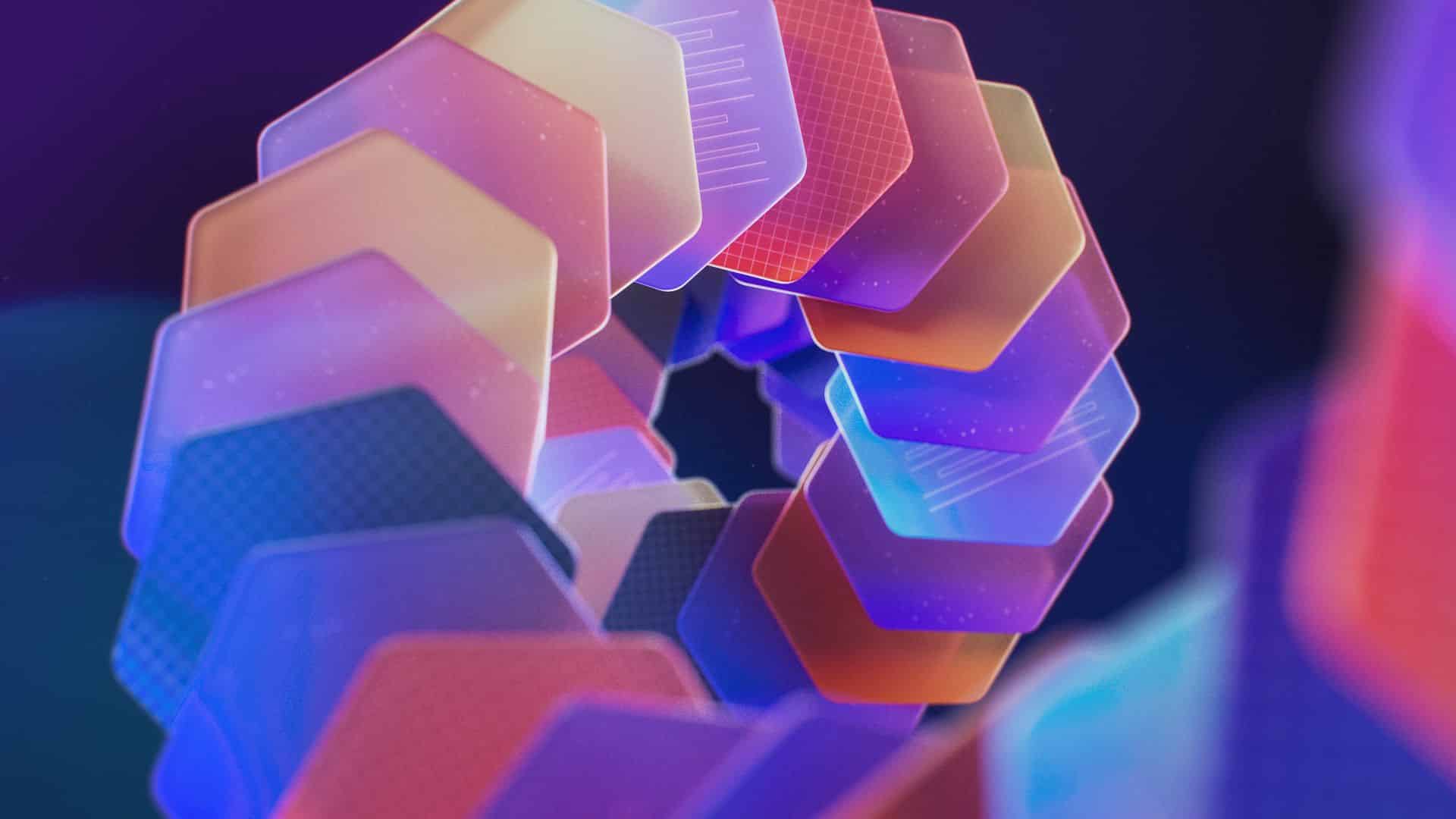 a colorful spiraling arrangement of hexagonal shapes illuminated with vibrant hues of purple blue and orange creating a dynamic digital art effect against a dark background digital production A colorful, spiraling arrangement of hexagonal shapes, illuminated with vibrant hues of purple, blue, and orange, creating a dynamic digital art effect against a dark background.