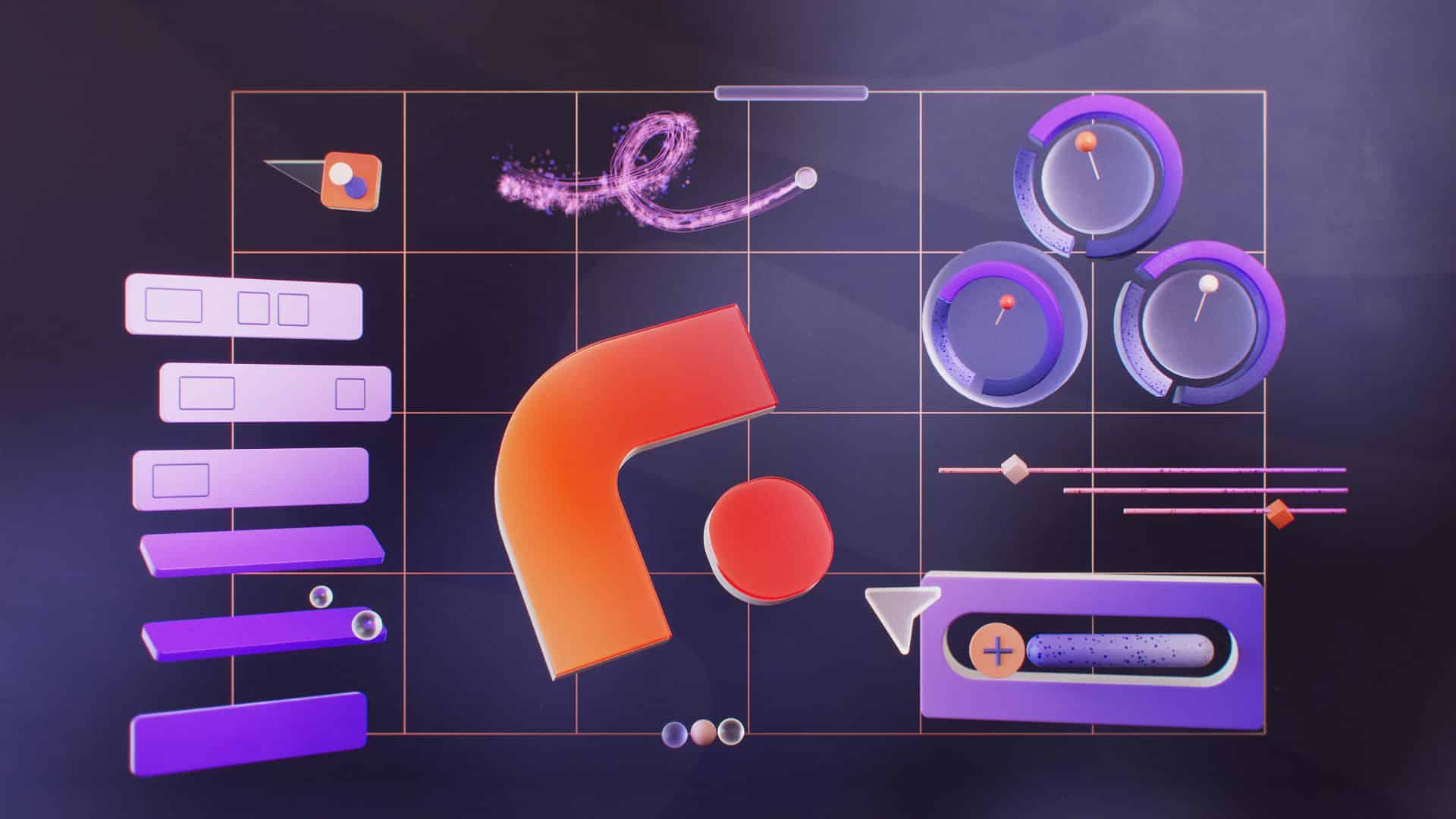 an abstract composition featuring various colorful geometric shapes including a large orange and pink curved shape circular knobs and lines set against a dark background with a grid pattern digital production An abstract composition featuring various colorful geometric shapes, including a large orange and pink curved shape, circular knobs, and lines, set against a dark background with a grid pattern.