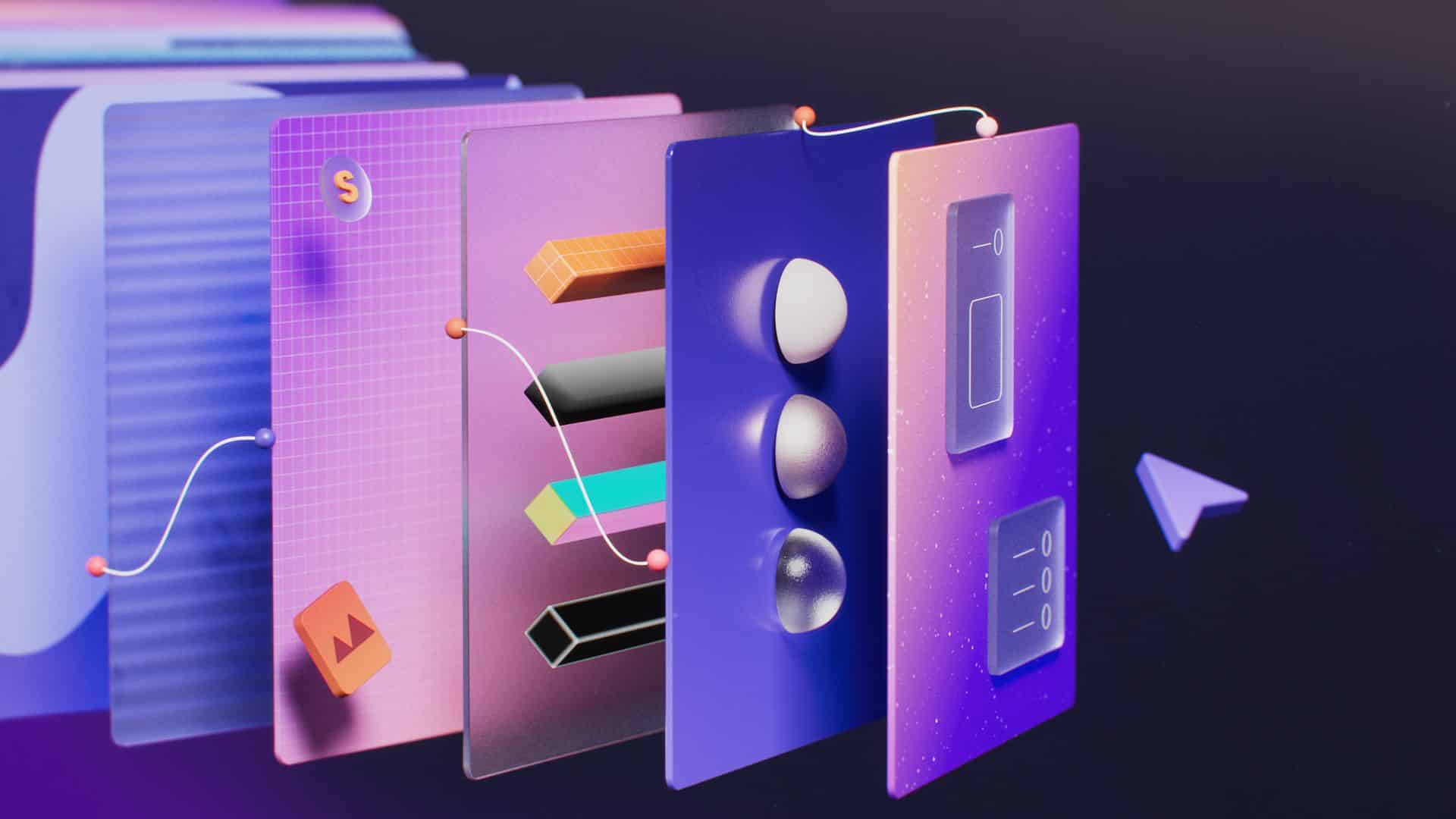 a 3d digital illustration featuring colorful graphic design elements including shapes icons and patterns layered in varying shades of purple and blue connected by thin lines these vibrant cards create a modern dynamic composition digital production A 3D digital illustration featuring colorful graphic design elements, including shapes, icons, and patterns, layered in varying shades of purple and blue. Connected by thin lines, these vibrant cards create a modern, dynamic composition.