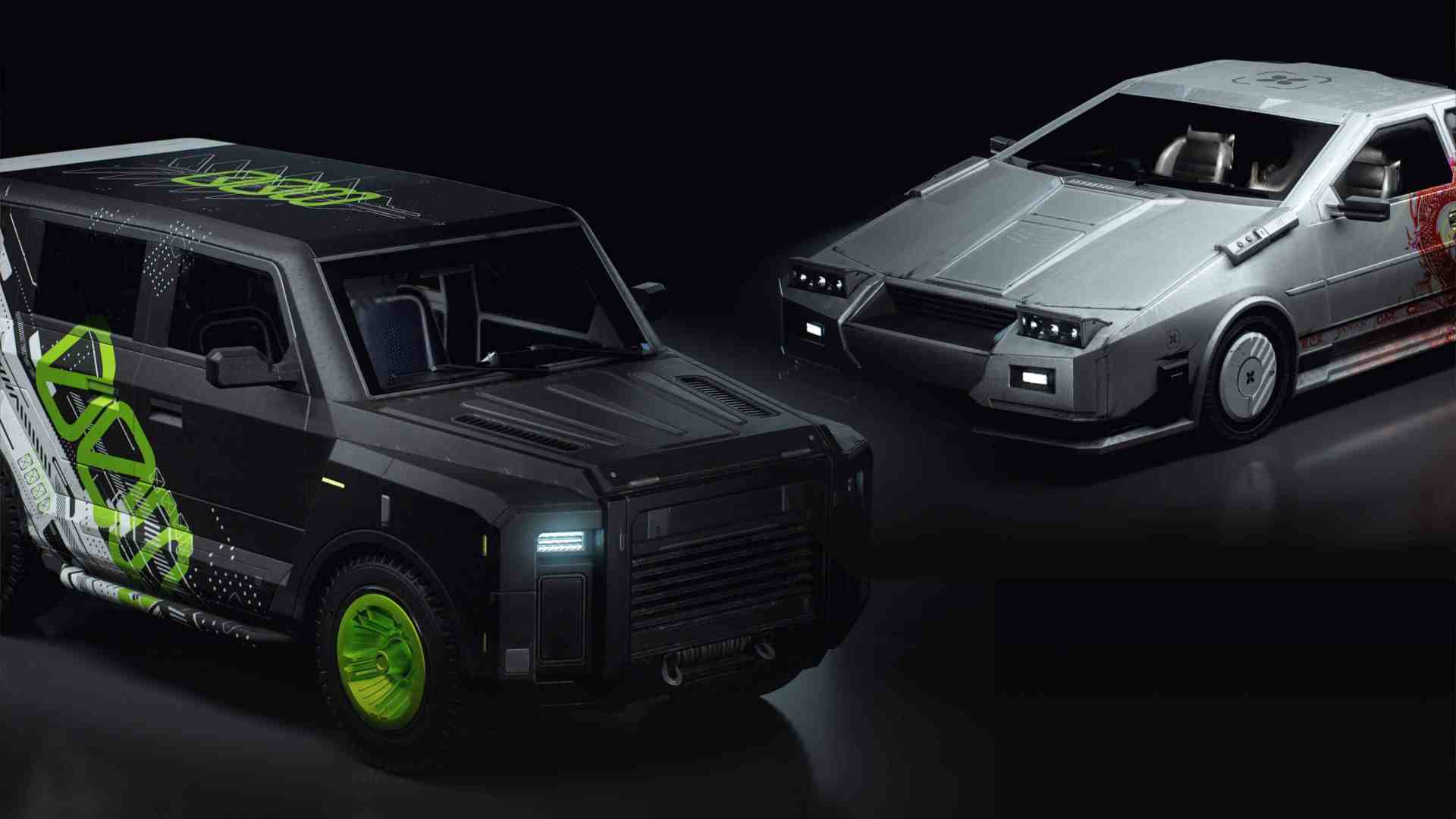 a closeup of two toy cars on a dark background on the left a black suv with green accents and a geometric design on the right a silver sports car with sleek lines and detailed features both displayed with a spotlight effect digital production A close-up of two toy cars on a dark background: on the left, a black SUV with green accents and a geometric design; on the right, a silver sports car with sleek lines and detailed features, both displayed with a spotlight effect.