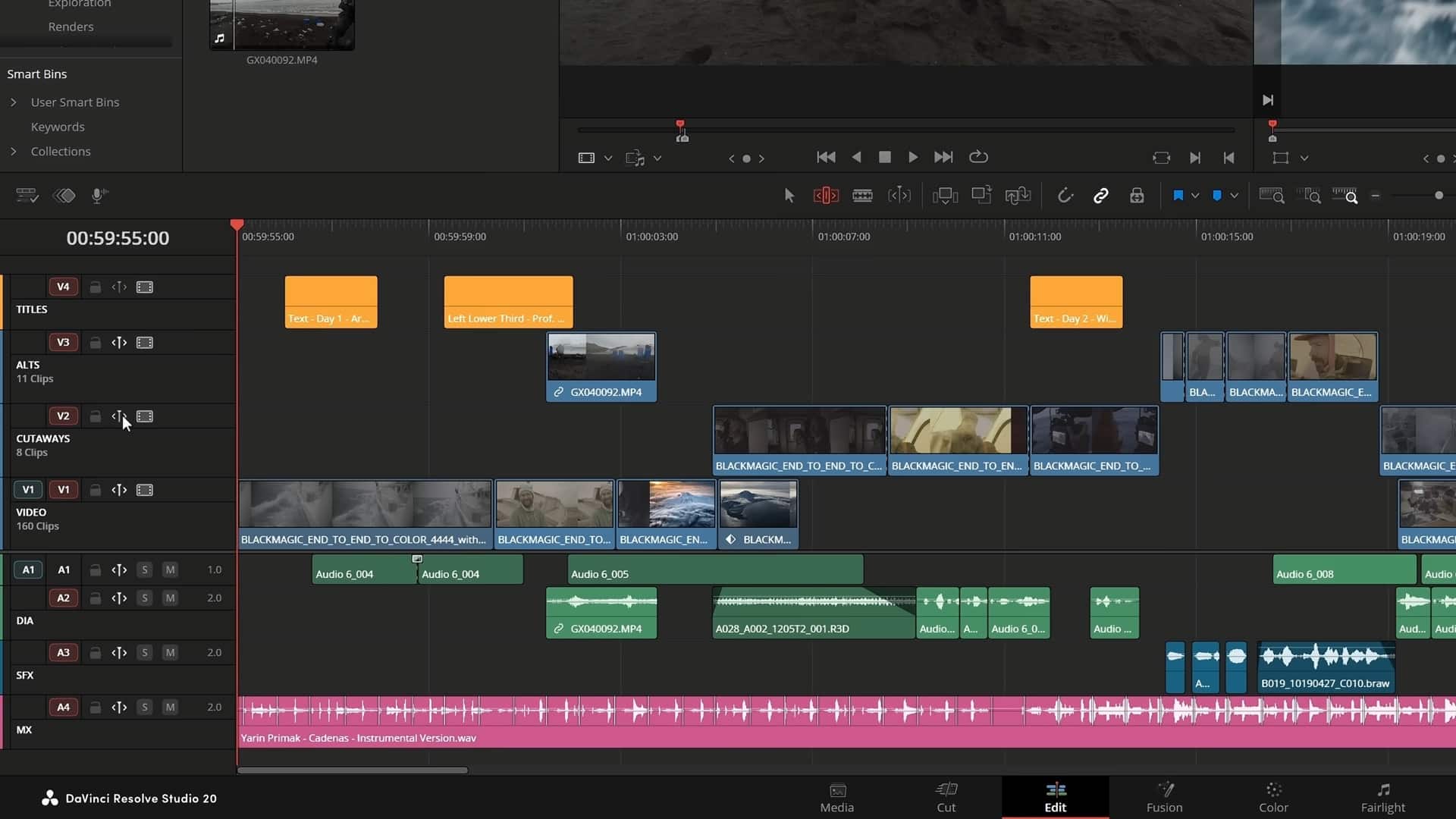 a screenshot of a video editing software interface showing a timeline with multiple video clips audio tracks and markers different colored sections represent various elements of the project including audio layers at the bottom digital production A screenshot of a video editing software interface showing a timeline with multiple video clips, audio tracks, and markers. Different colored sections represent various elements of the project, including audio layers at the bottom.