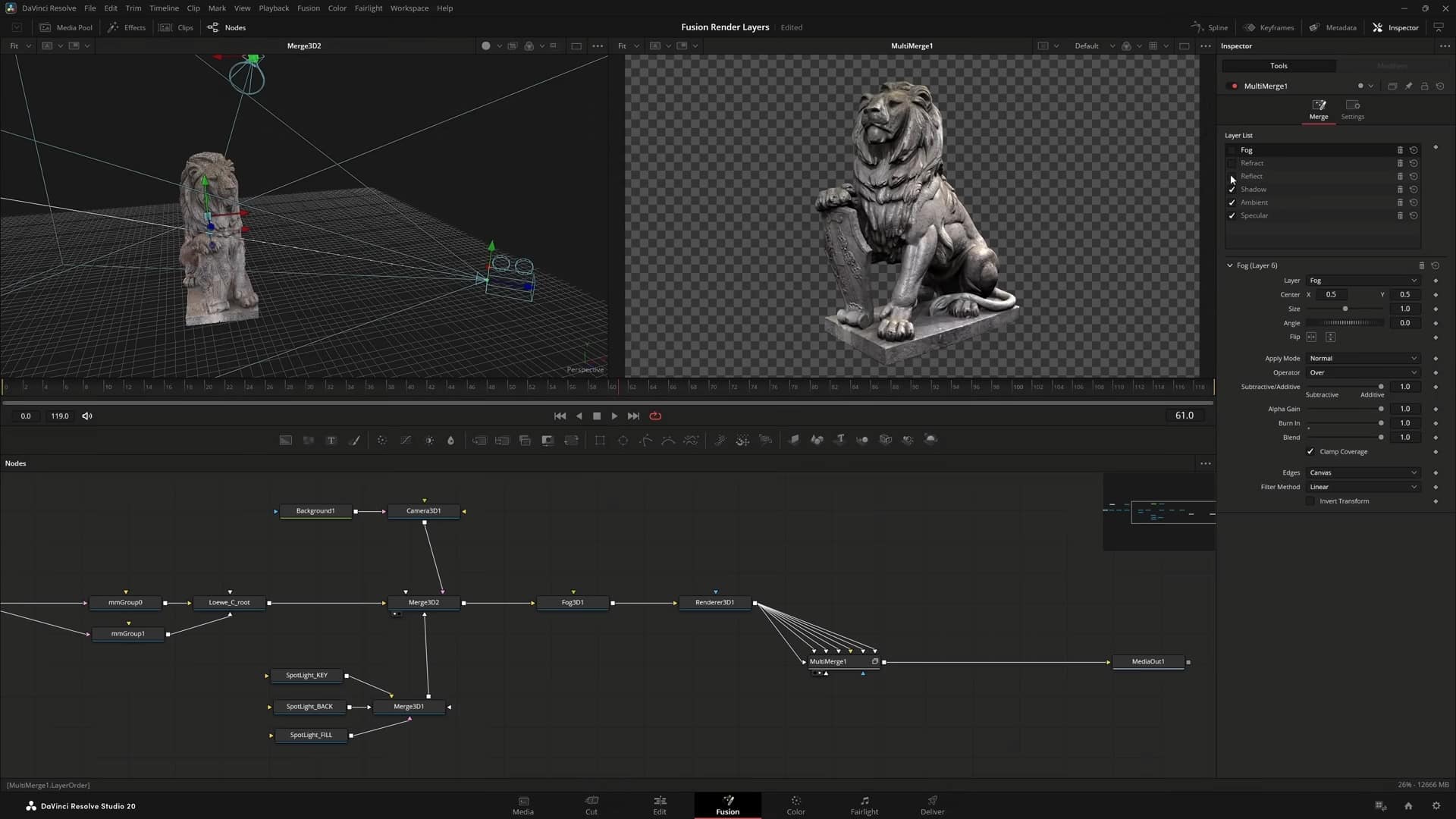 a 3d modeling software interface displaying a detailed stone lion sculpture in the viewport below a node graph illustrates the composition and configuration of the model set against a transparent background digital production A 3D modeling software interface displaying a detailed stone lion sculpture in the viewport. Below, a node graph illustrates the composition and configuration of the model, set against a transparent background.
