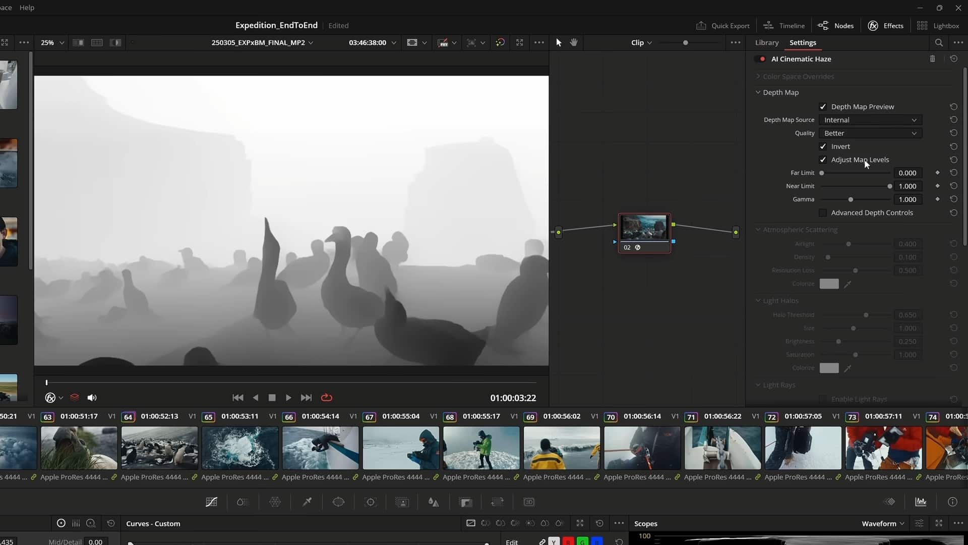 a video editing software interface displaying a scene with silhouetted birds in a foggy landscape the color grading settings are visible on the right and a timeline with various video clips is shown at the bottom digital production A video editing software interface displaying a scene with silhouetted birds in a foggy landscape. The color grading settings are visible on the right, and a timeline with various video clips is shown at the bottom.