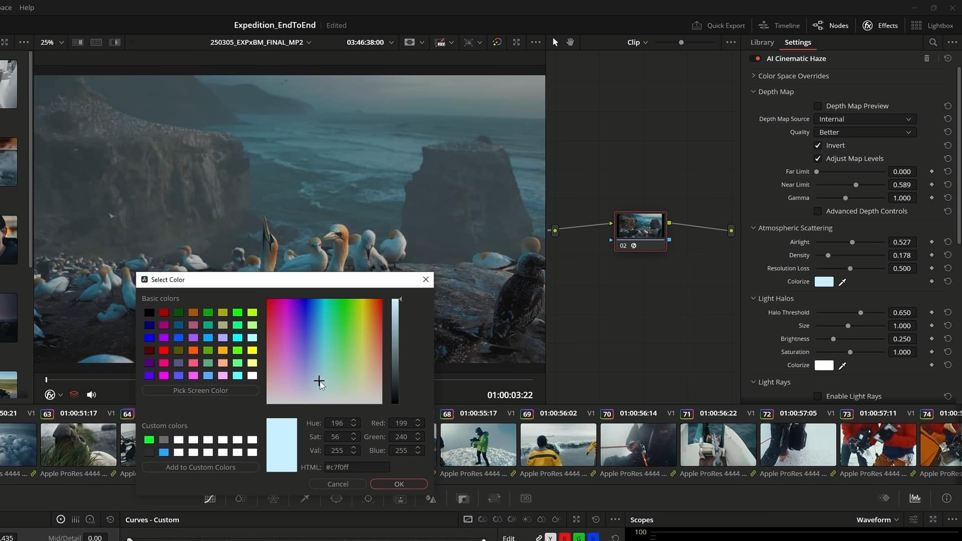 an editing software interface displaying a color palette for video editing alongside scenes of rocky cliffs and seabirds tools and settings are visible on the right side with various color options showcased digital production An editing software interface displaying a color palette for video editing alongside scenes of rocky cliffs and seabirds. Tools and settings are visible on the right side, with various color options showcased.