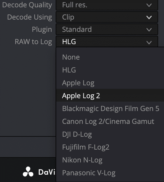 a screenshot of video editing software settings showing options for decoding quality plugin and raw to log options including a dropdown menu with various log formats like hlg apple log 2 and others digital production A screenshot of video editing software settings, showing options for decoding quality, plugin, and RAW to Log options, including a dropdown menu with various log formats like HLG, Apple Log 2, and others.