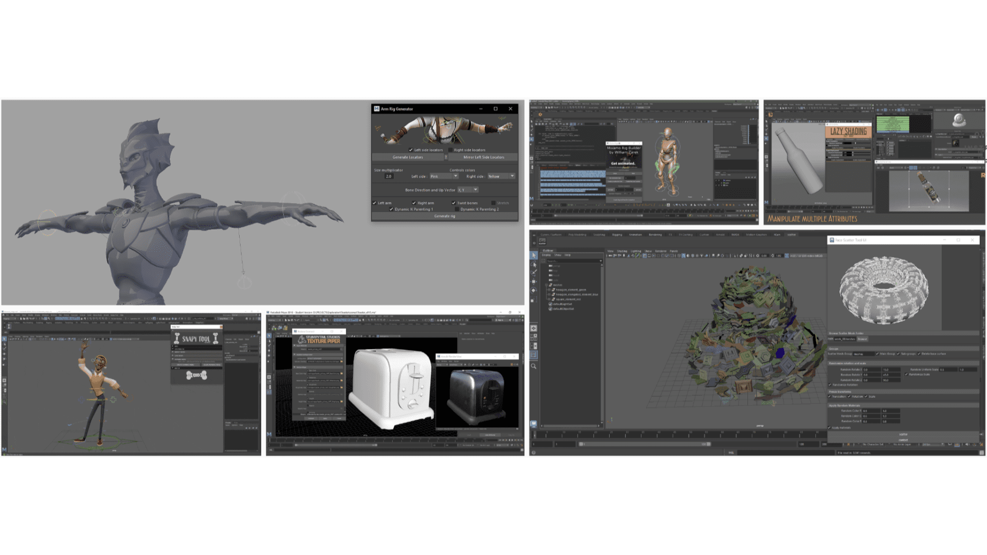 a collage of digital 3d modeling software screens showing a character model in progress various tools and settings and rendered images of objects illustrating a detailed animation and modeling workflow digital production A collage of digital 3D modeling software screens showing a character model in progress, various tools and settings, and rendered images of objects, illustrating a detailed animation and modeling workflow.