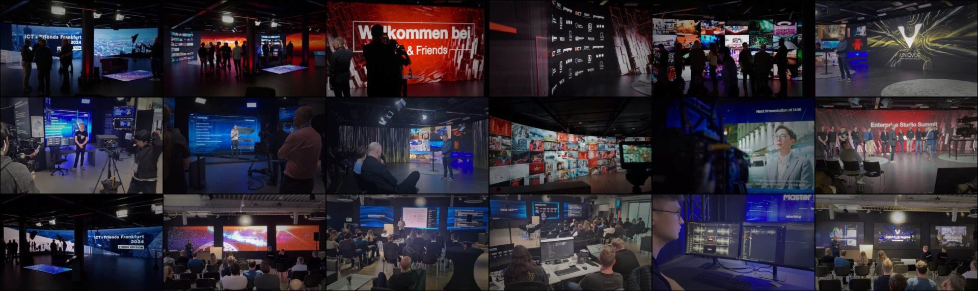a collage of various media event settings showcasing vibrant backdrops with screens people interacting and studio setups lighting varies highlighting different areas including audiences and presenters in dynamic environments digital production A collage of various media event settings, showcasing vibrant backdrops with screens, people interacting, and studio setups. Lighting varies, highlighting different areas, including audiences and presenters in dynamic environments.