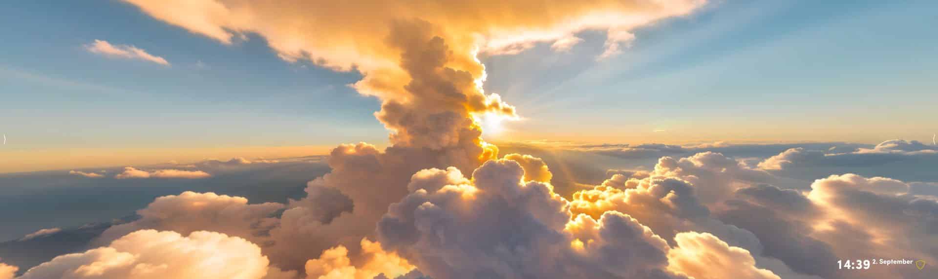 a panoramic view of fluffy clouds illuminated by the suns rays creating a golden glow against a blue sky the scene captures a serene and expansive atmosphere with layers of clouds receding into the horizon digital production A panoramic view of fluffy clouds illuminated by golden sunlight, with a vibrant sunset sky above and the ocean visible below. The scene captures a dramatic interplay of light and color in the sky.