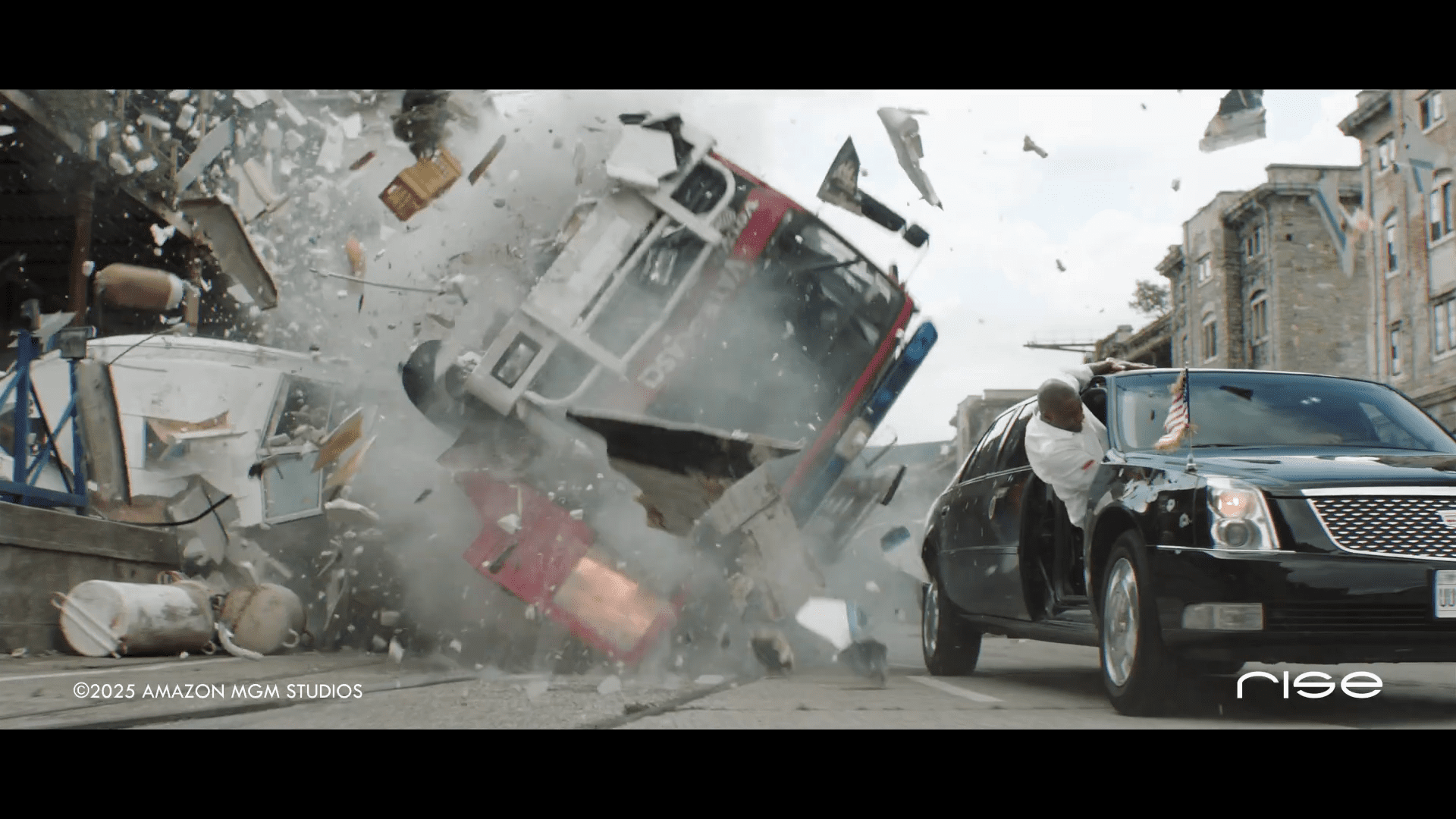 a black luxury suv is parked at the edge of a street as a police car flips in the air amidst flying debris from a nearby explosion dust and rubble scatter around creating a chaotic scene in an urban environment digital production A black luxury SUV is parked at the edge of a street as a police car flips in the air amidst flying debris from a nearby explosion. Dust and rubble scatter around, creating a chaotic scene in an urban environment.