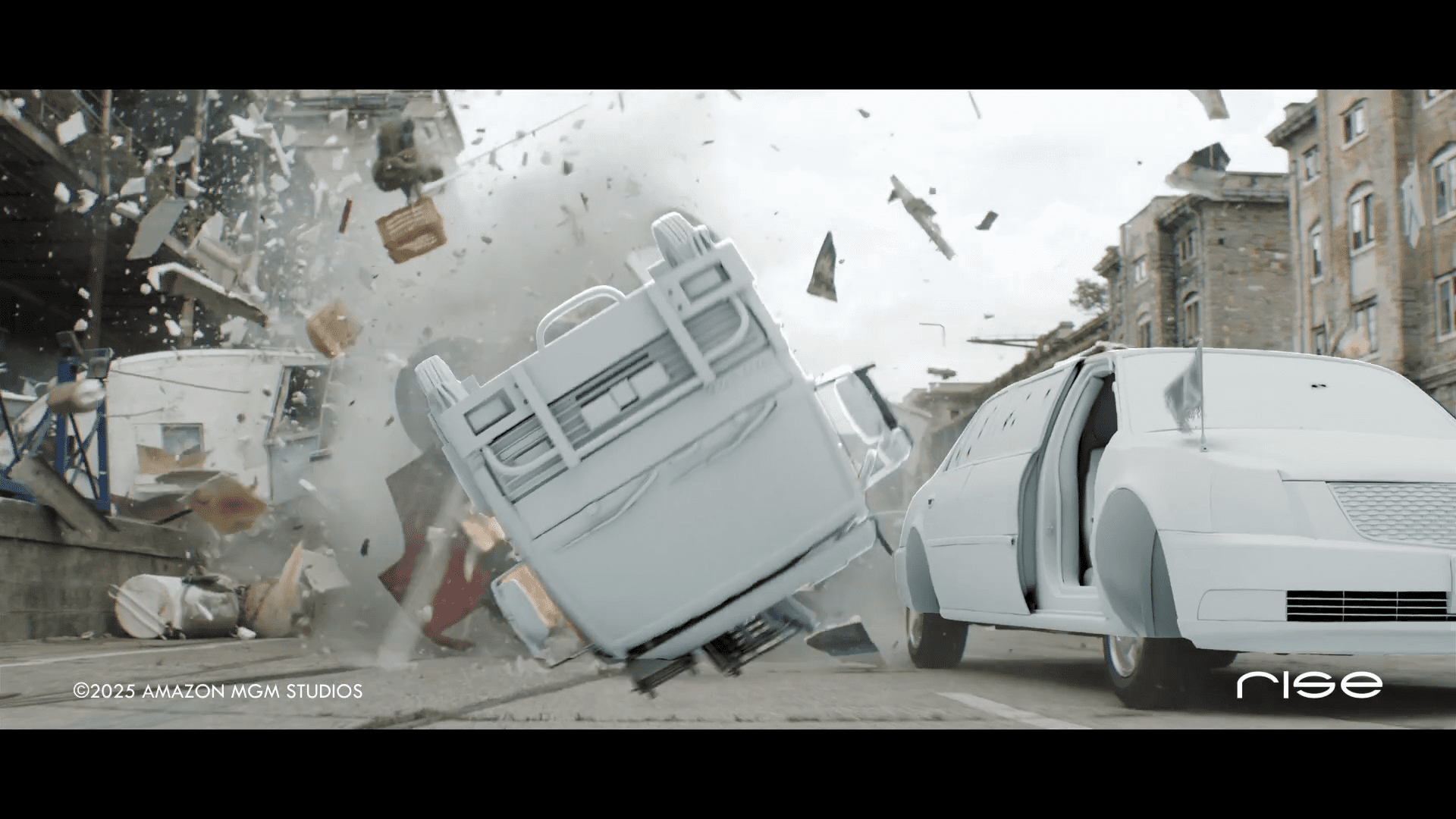 a white vehicle skids to a halt on a city street as debris flies through the air a large piece of furniture is seen tumbling from an explosion in the background surrounded by scattered remnants of buildings digital production A white vehicle skids to a halt on a city street as debris flies through the air. A large piece of furniture is seen tumbling from an explosion in the background, surrounded by scattered remnants of buildings.